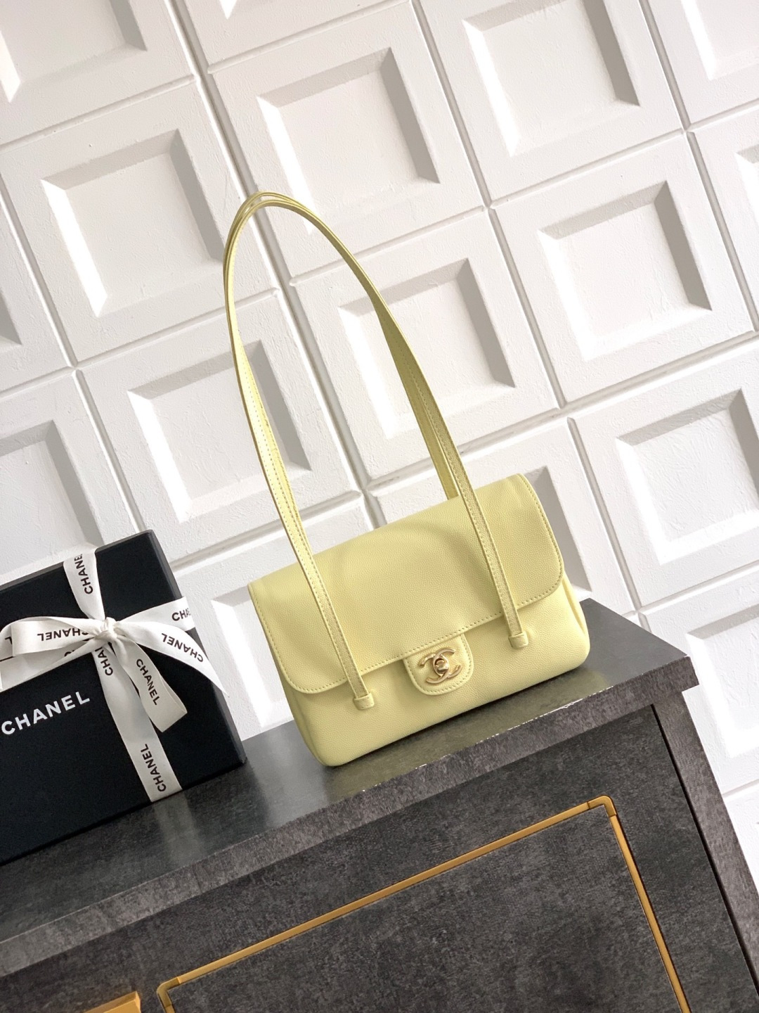 Preppy Coco Small Flap Bag (AS4818) in Light Yellow Grained Calfskin with Gold-Tone Hardware, 26P Pre-Fall Collection - Mocuir