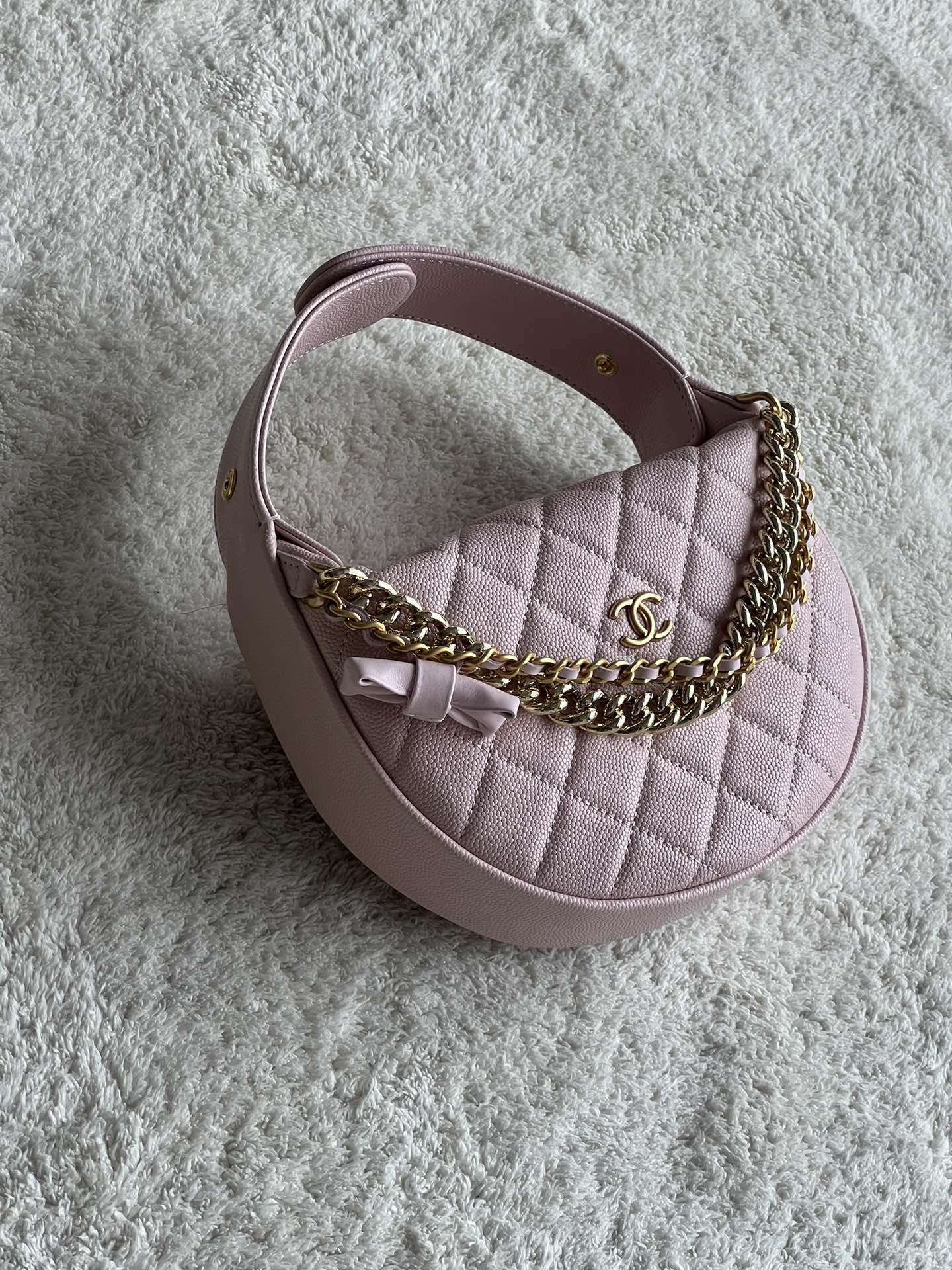 24S Half Moon Hula Hoop Bag in Pink Quilted Caviar Leather with Light Gold-Tone Hardware and Bow Detail - Mocuir