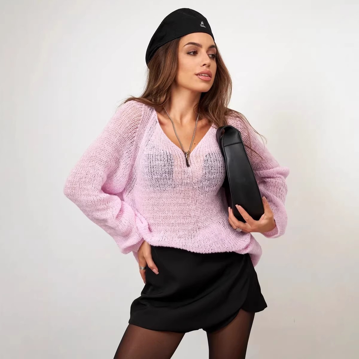 Spring and summer knitted sunscreen shirt with collar, solid color, hollow, sexy, thin knit concealer.