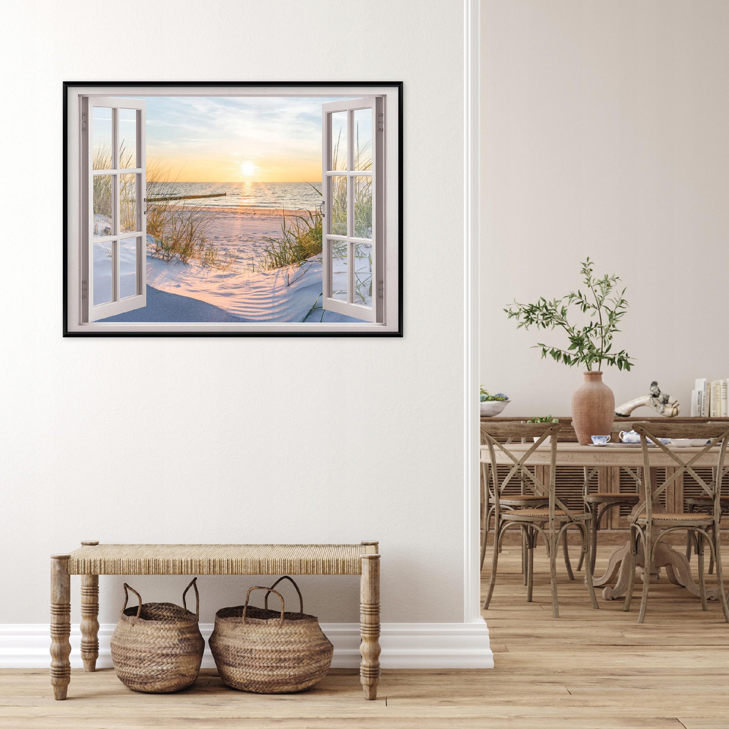 Black framed canvas painting, 3D window, beach, sea, living room, bedroom, 100x70