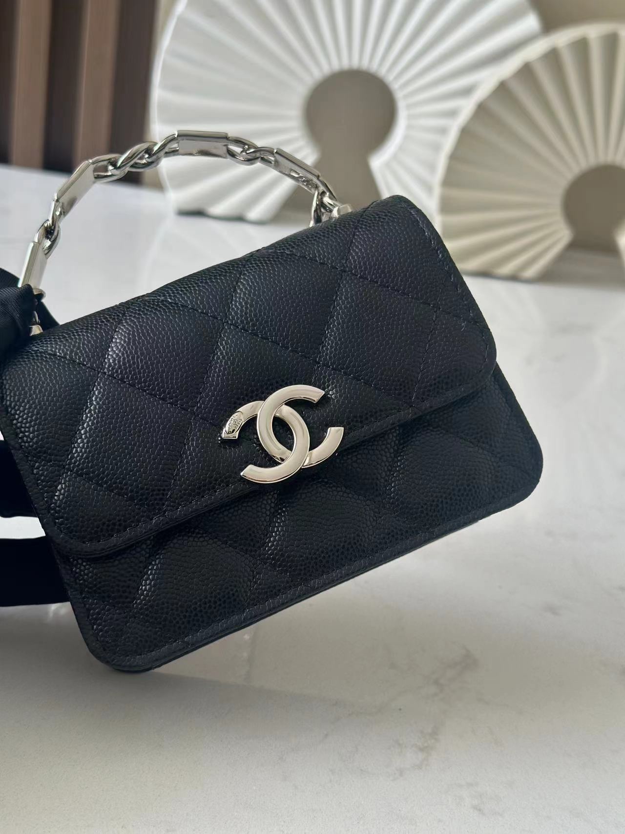 Classic Quilted Caviar Mini Flap Bag with Top Handle Chain in Black (Silver Hardware) - Mocuir