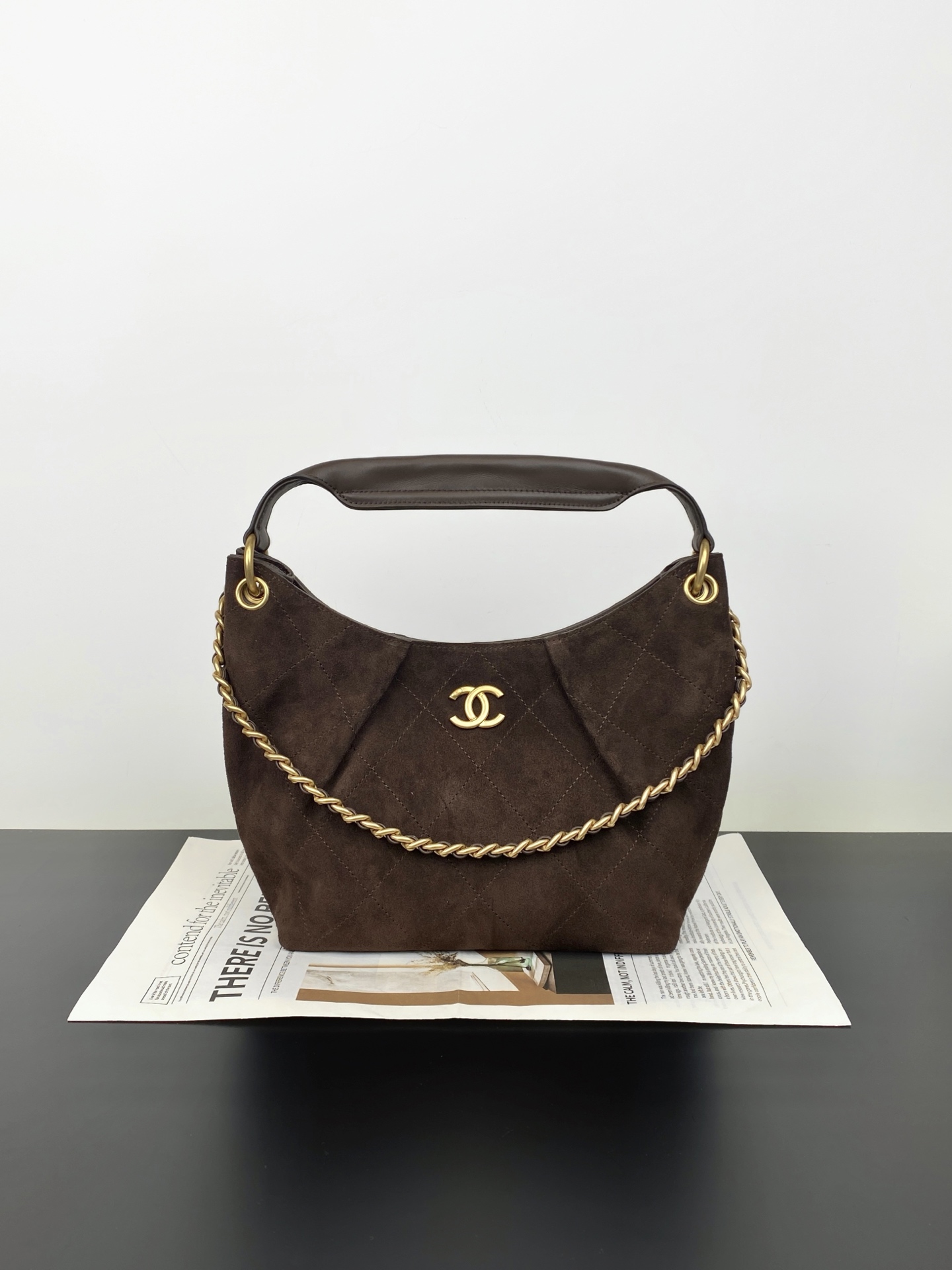26C Dark Brown Quilted Suede Calfskin Hobo Shoulder Bag with Gold Hardware - Mocuir