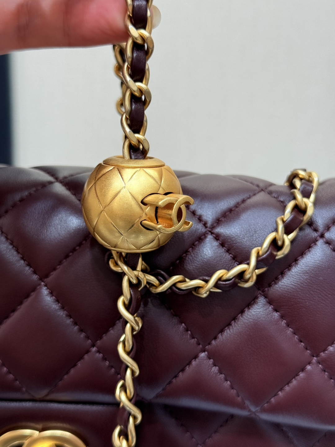 Classic Flap Large Mini (20cm) Bag (AS1787) in Burgundy Quilted Lambskin with Antique Gold-Tone Hardware & Globe Adjustable Gold Ball - Mocuir