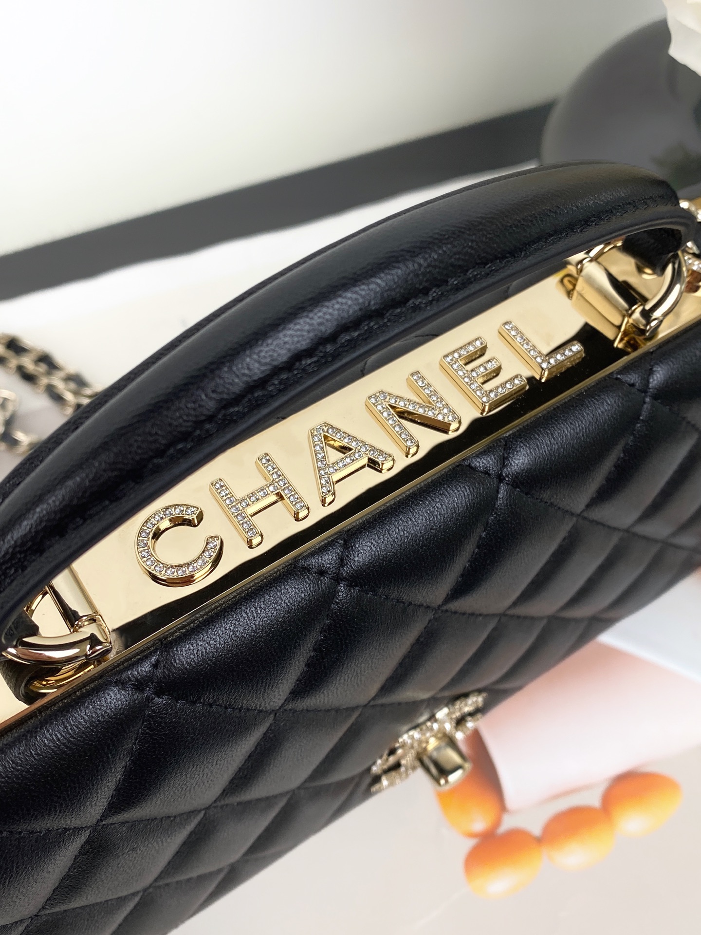 24C Trendy CC Wallet on Chain (WOC) with Handle in Black Lambskin with Crystal CC Gold Hardware (Model AM7652) - Mocuir