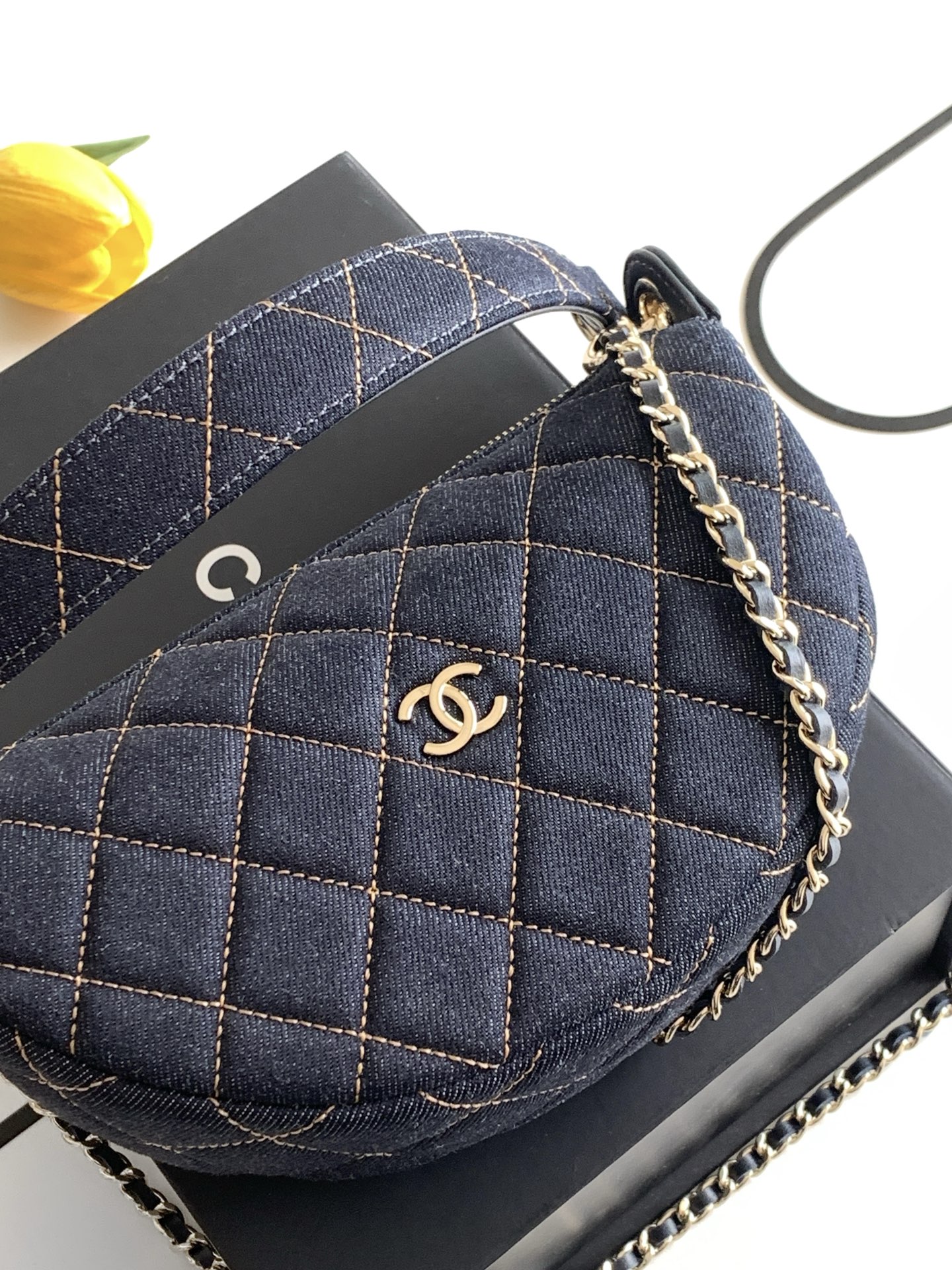 26S Spring-Summer Quilted Denim Moon Hobo Bag in Dark Blue with Gold Hardware (Model AS5652) - Mocuir