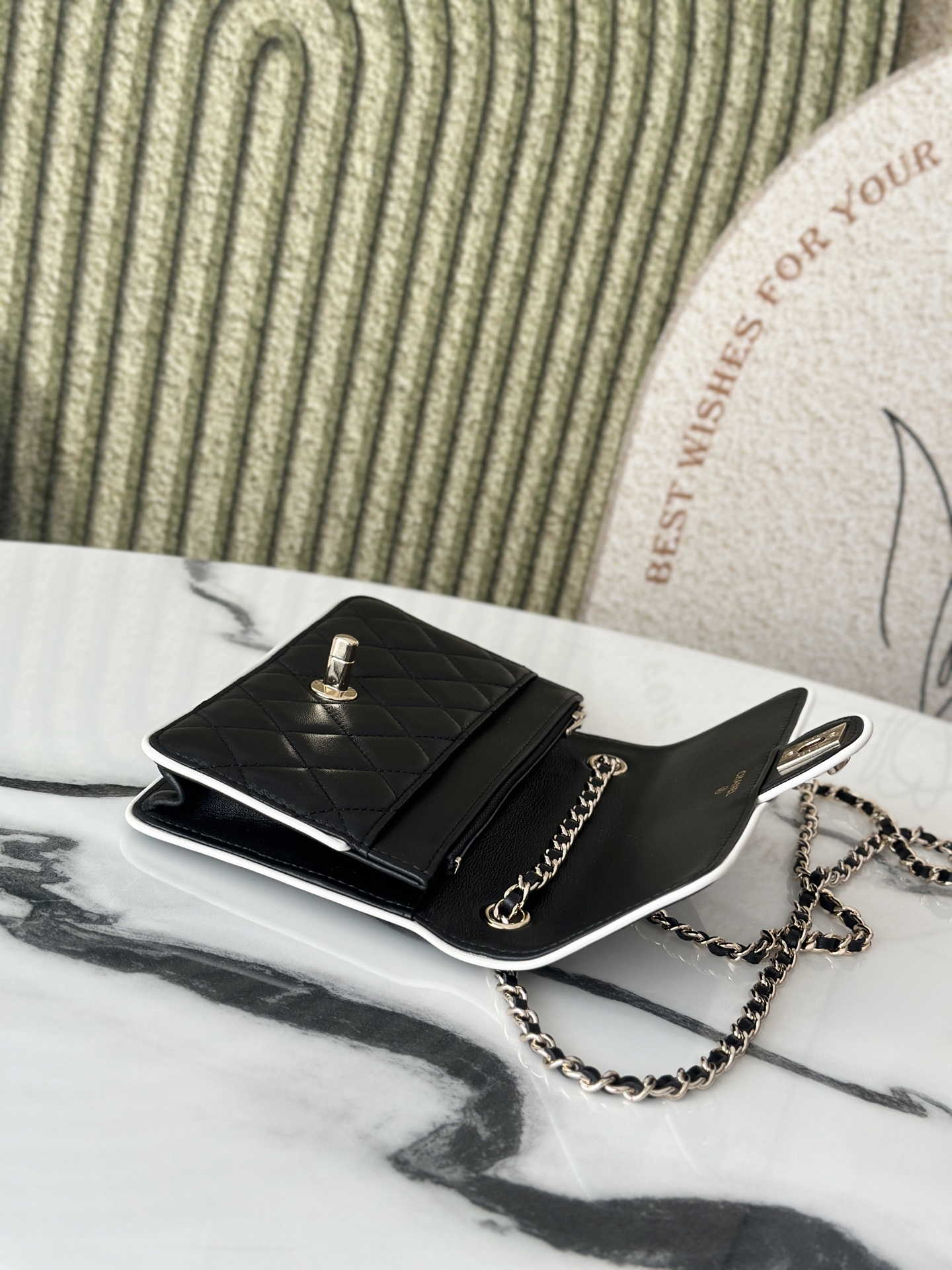 Black Lambskin Quilted Mini Flap Bag with White Trim & Gold Hardware - Mocuir