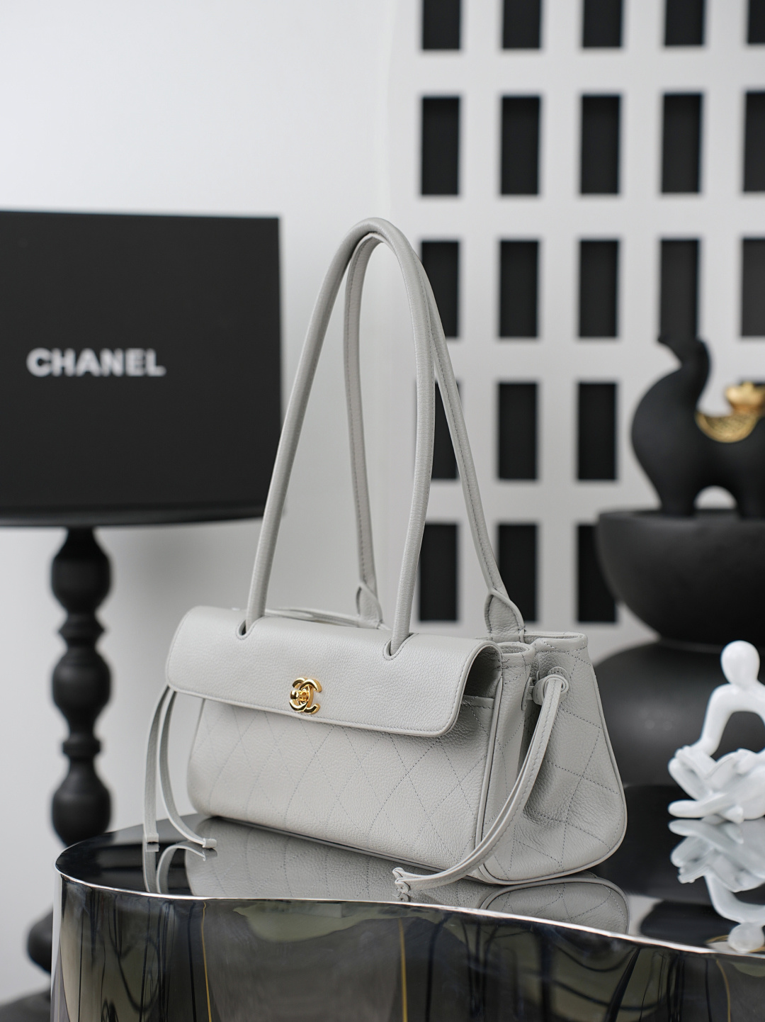 Spring-Summer 2026 Light Grey Quilted Caviar Leather Baguette Shoulder Bag with Gold-Tone Hardware & Long Handle - Mocuir