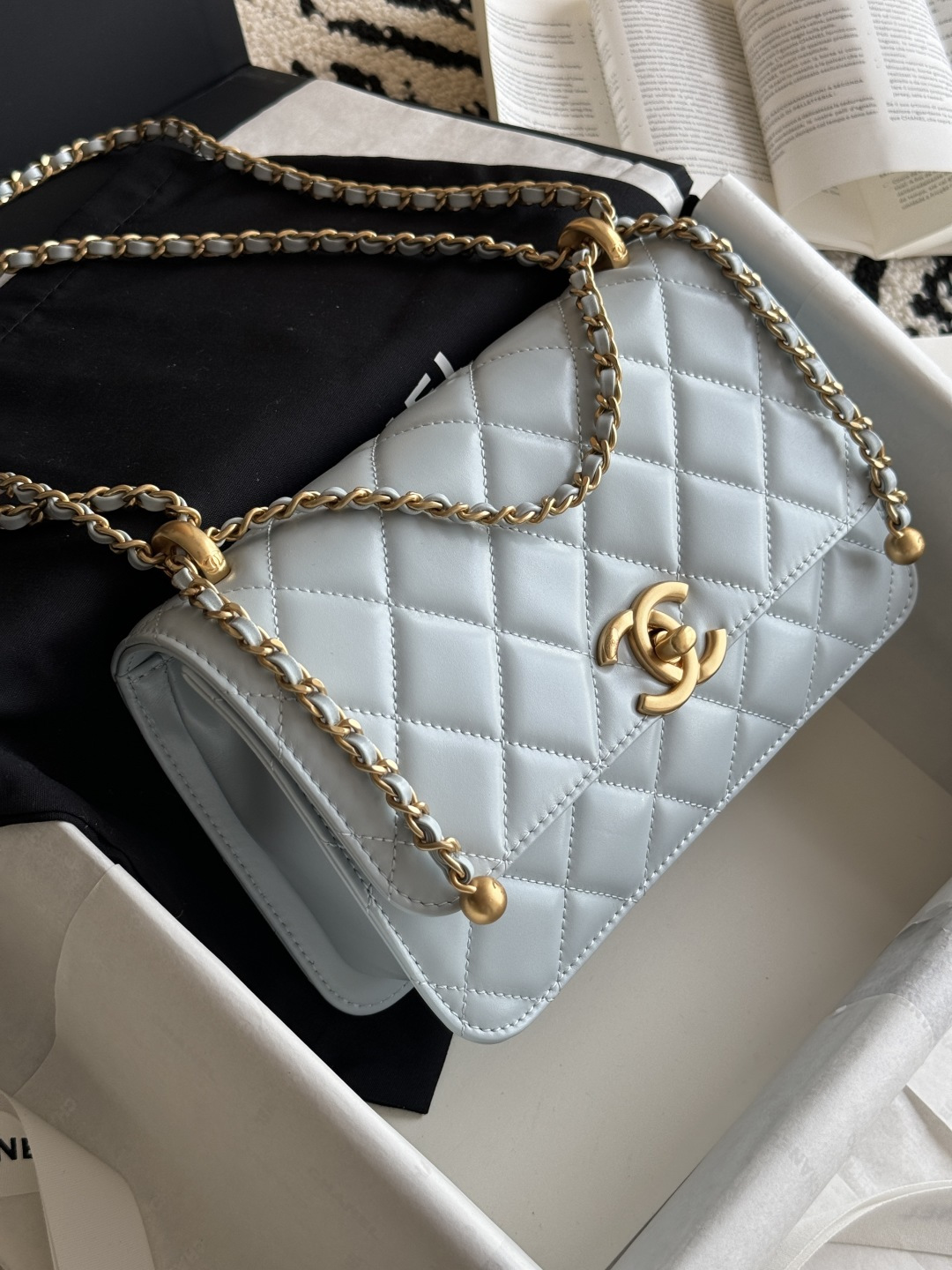 Wallet On Chain (WOC) with Double Gold Balls in Light Blue Quilted Shiny Caviar Leather with Antique Gold-Tone Hardware - Mocuir