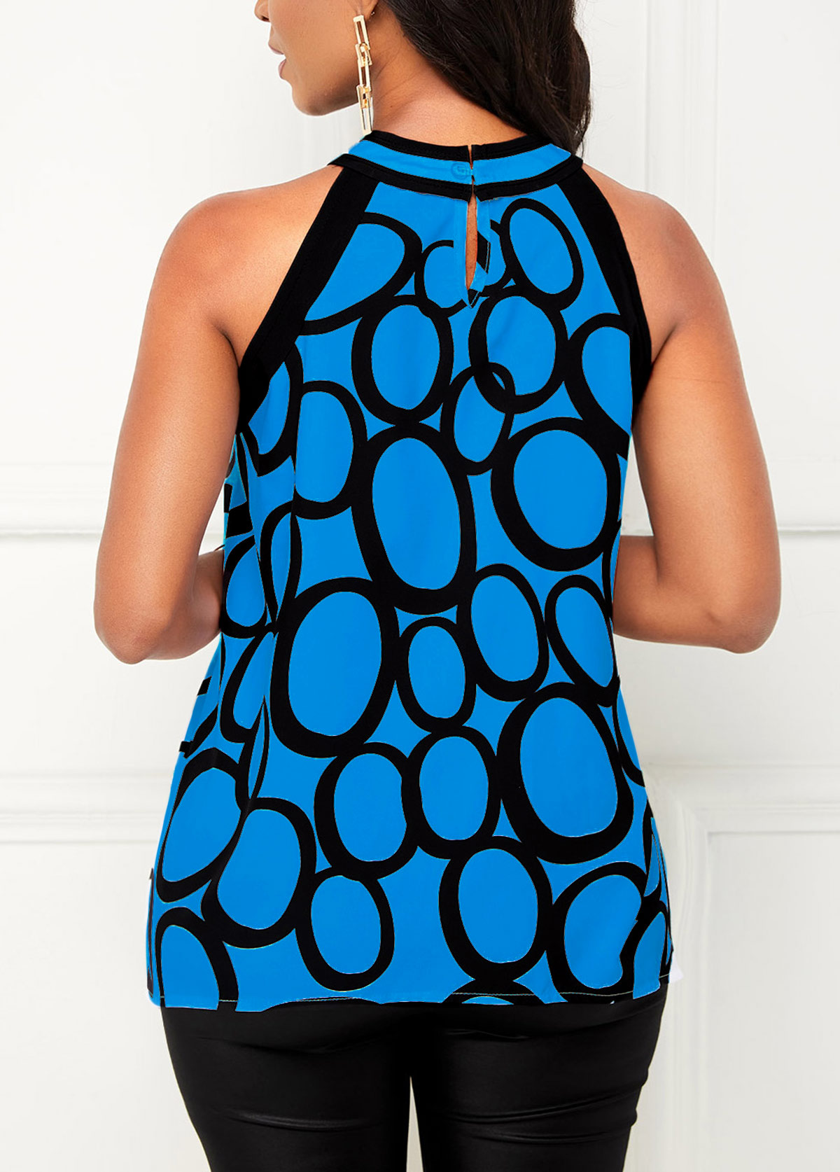 Blue Circle Print Bib Neck Tank Top