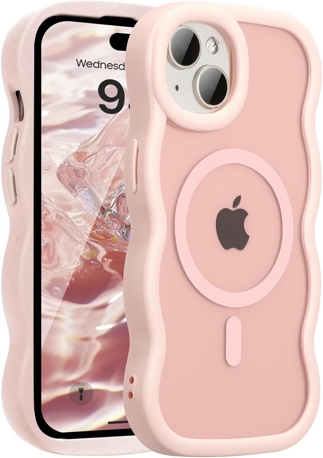 Magnetic for iPhone 14 Case & iPhone 13 Case, Compatible with MagSafe, 2025 Transparent Wave Frame Design Soft Edge Cover Cute Clear Matte Shockproof Protective Phone Cover, Pink