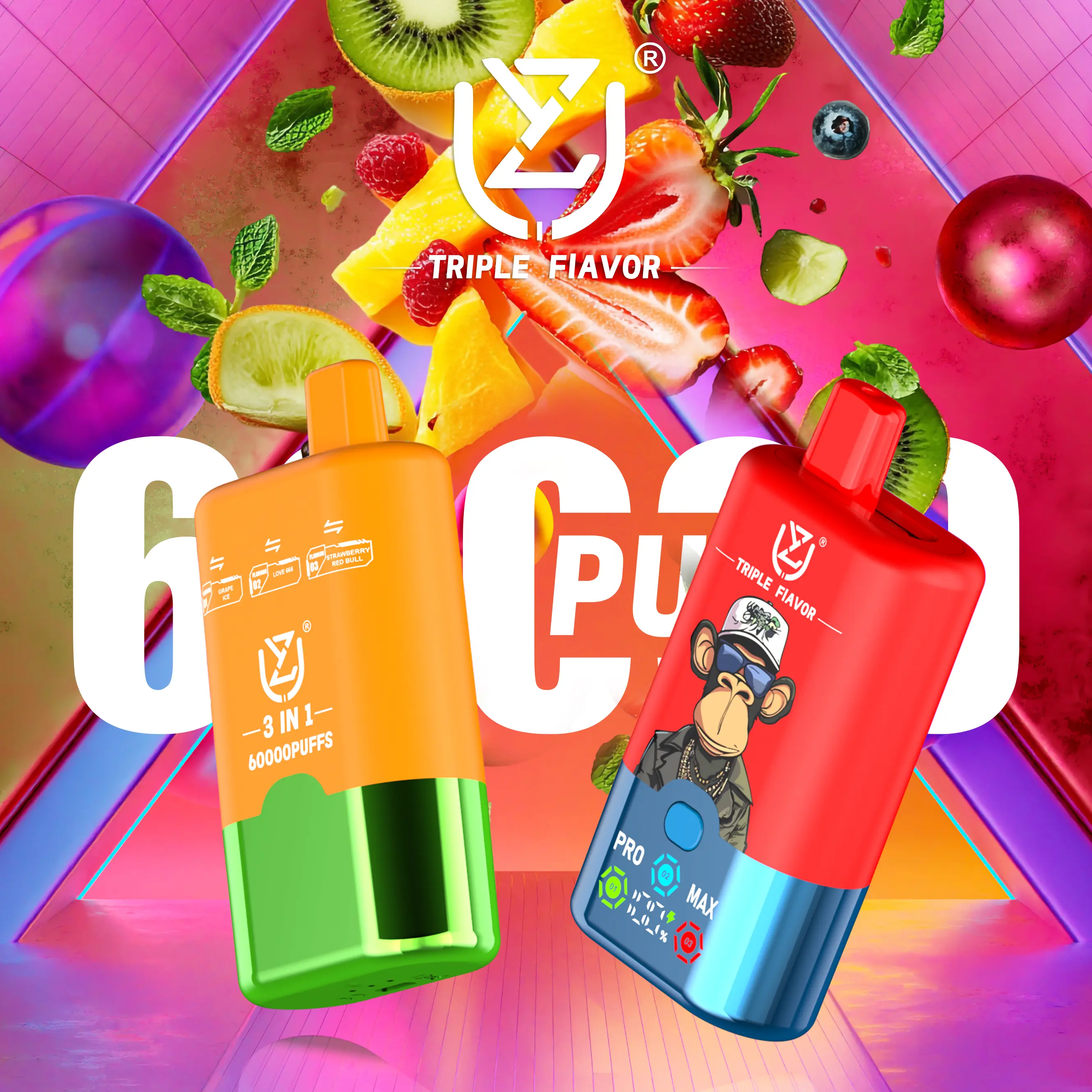 （3 pieces）UZY Triple Flavor 60000 60K Puffs 3 in 1 Flavors Newest Original Rechargeable LED Display Disposable Vape