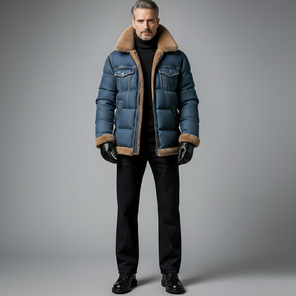 Men's Blue Shearling-Lined Turndown Collar Long Sleeve Utility Pockets Zipper Denim Puffer Jackets