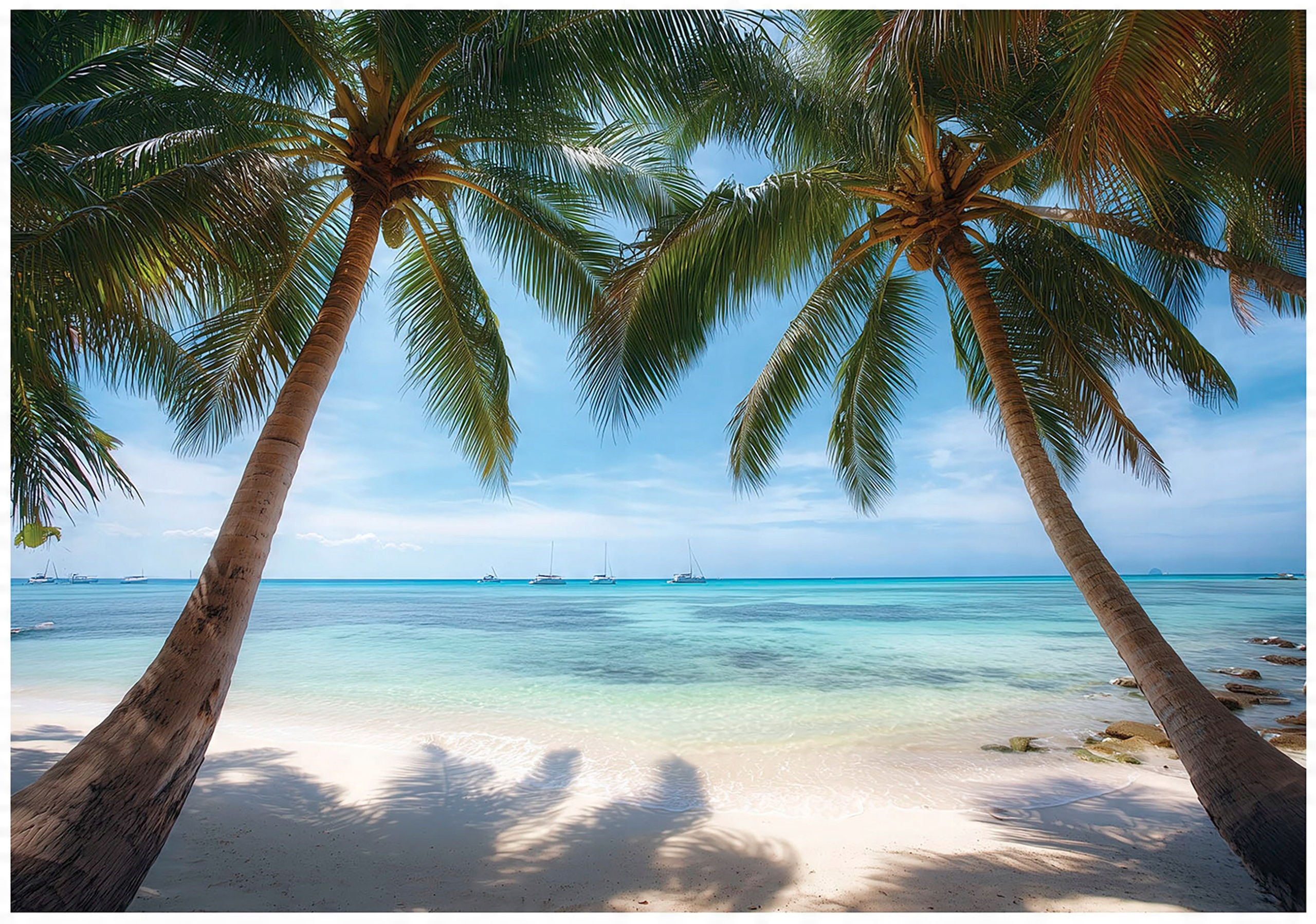 3D beach wall mural with palm trees and sea nature for bedroom or living room wall,