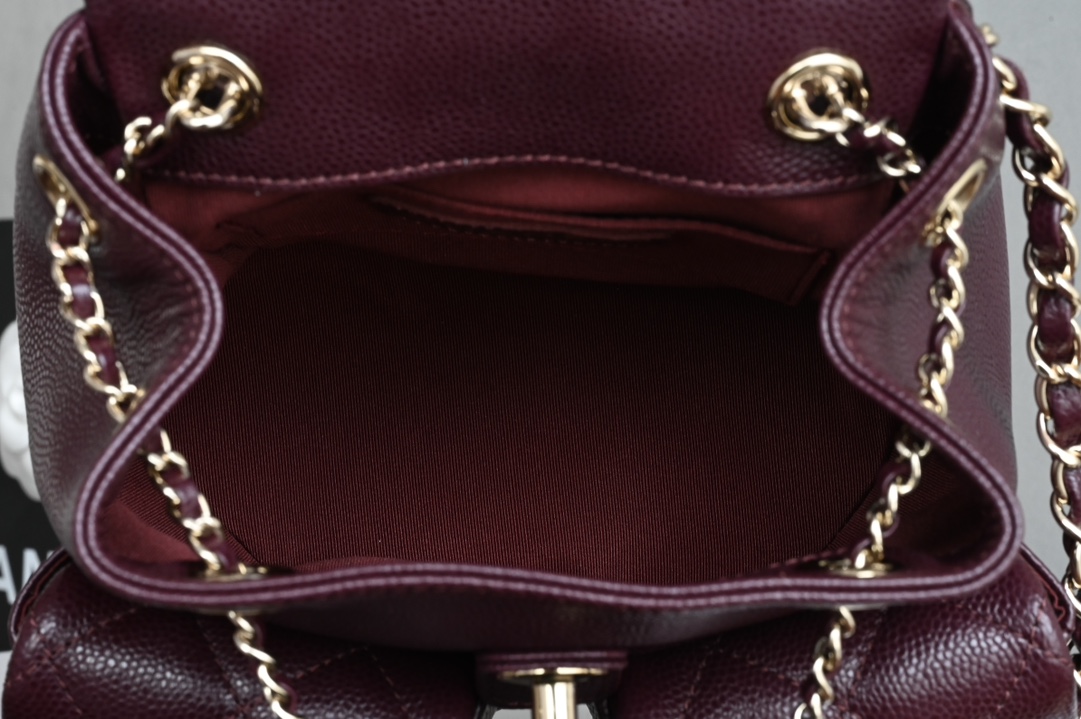 Duma Backpack in Dark Burgundy Quilted Shiny Caviar Leather with Light Gold-Tone Metal (Model AS3856) - Mocuir