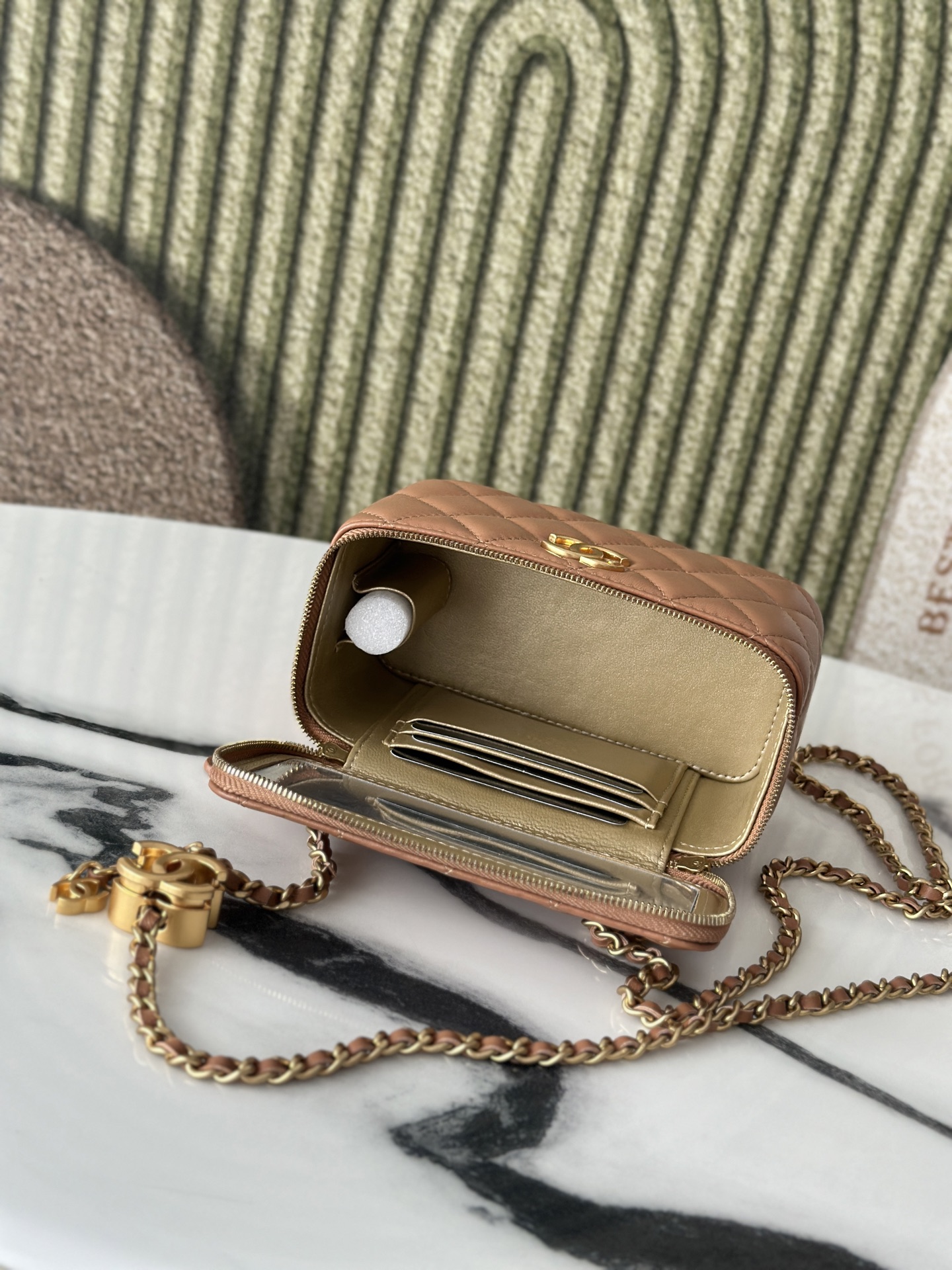 25B Caramel Quilted Lambskin Mini Vanity Case with Adjustable CC Chain and Gold-Tone Hardware - Mocuir