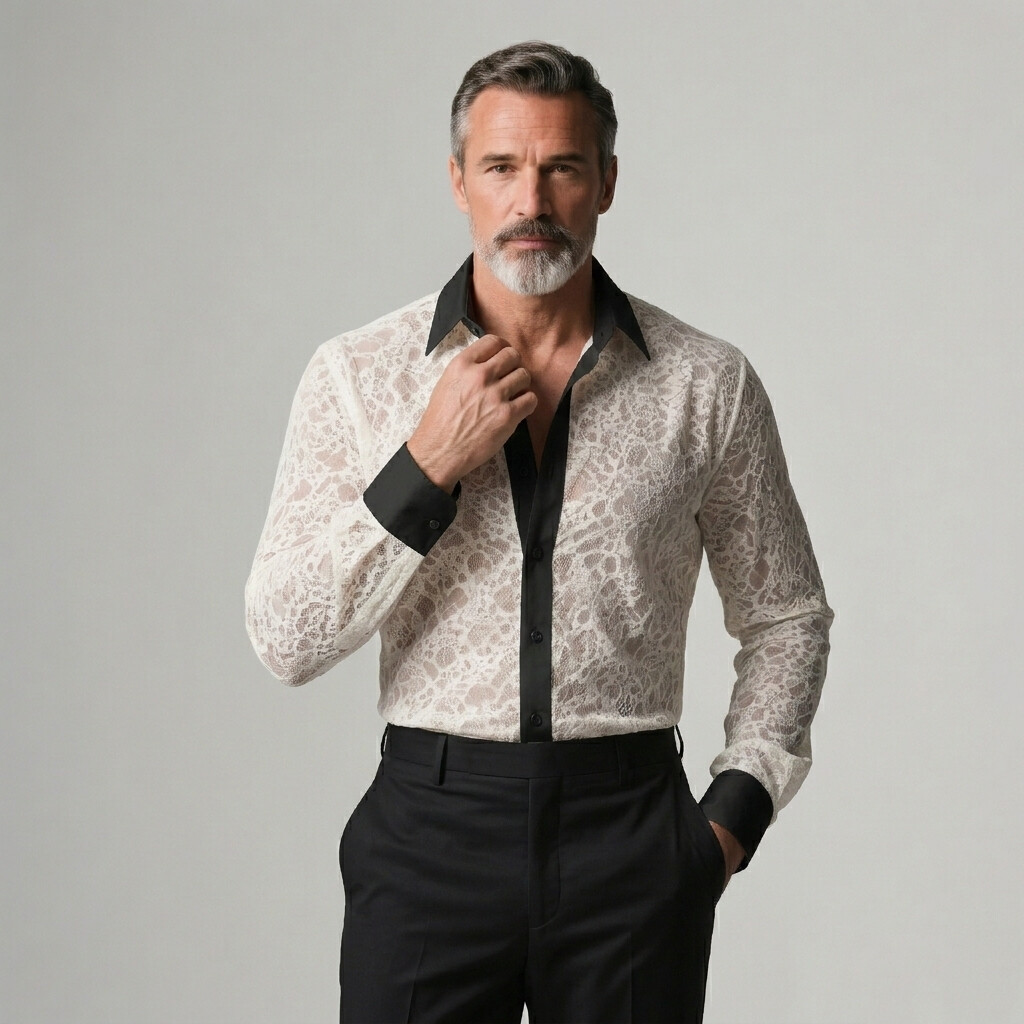 Men's Party Sheer Lace Contrast Trim Long Sleeve Shirt