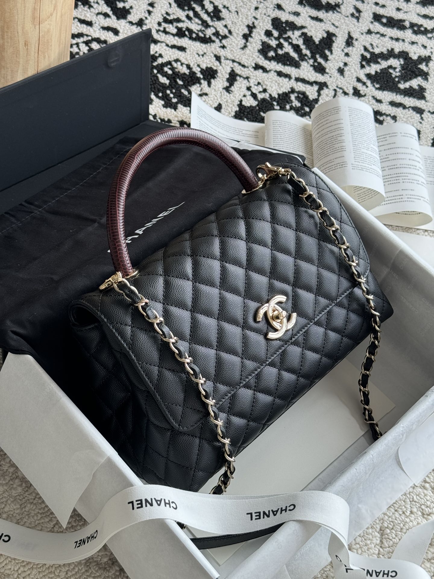 Small Coco Handle Flap Bag in Black Quilted Caviar Leather with Burgundy Lizard Handle and Light Gold-Tone Hardware - Mocuir