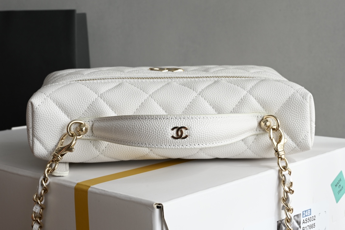 Small Vanity Case (LP Lunch Box Bag) in White Quilted Caviar Calfskin with Light Gold-Tone Hardware - Mocuir