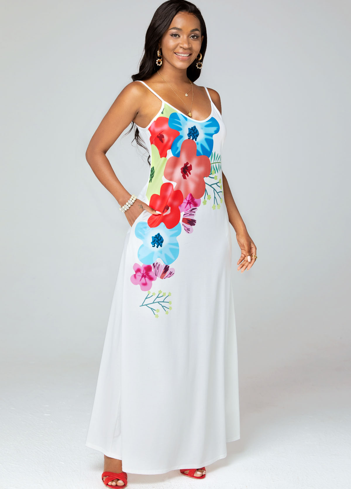 Pocket Spaghetti Strap Floral Print Dress