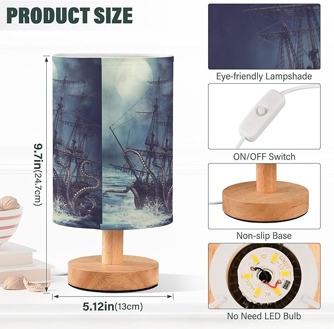 Table Lamp Octopus Pirate Ship Sea Monster Tentacle Sailboat Night Ocean Wave Nightstand Lamp