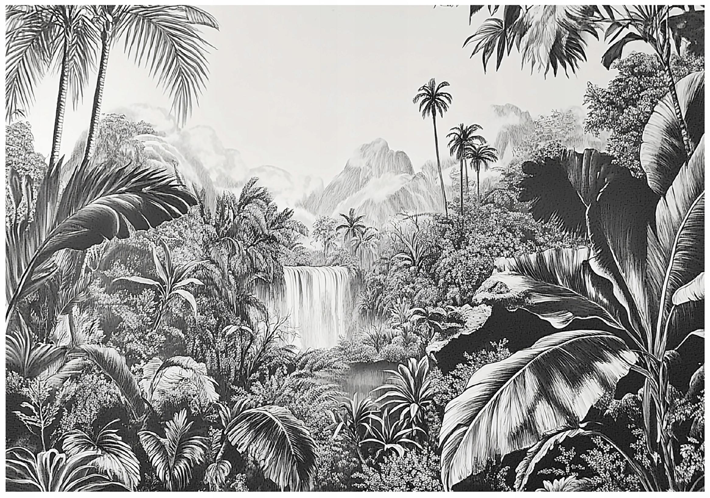 Black-and-white jungle wall mural for the bedroom or living room, non-woven wallpaper