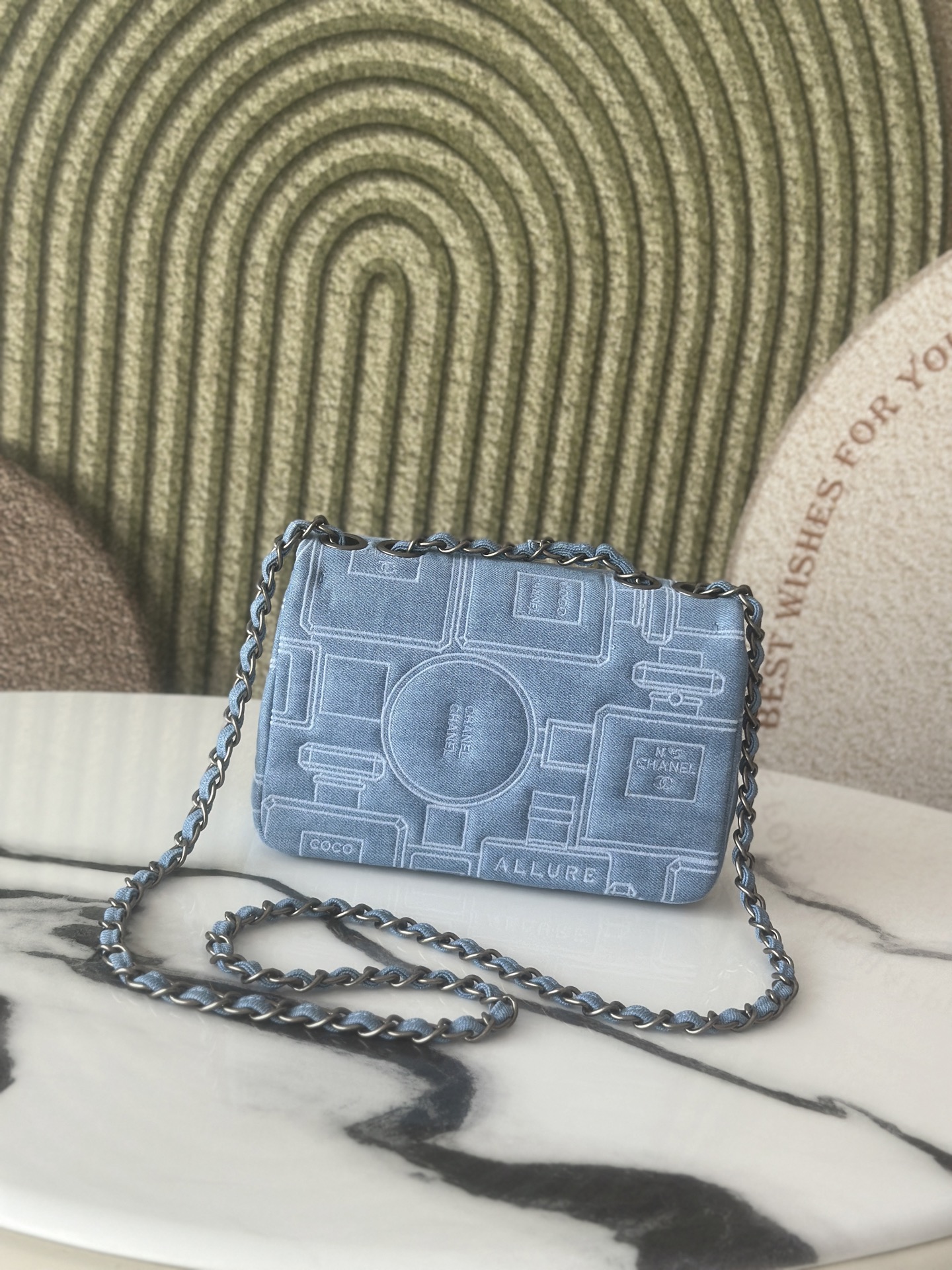 Classic Single Flap Bag in Light Blue Denim with Perfume Bottle Print (Silver Hardware) - Mocuir