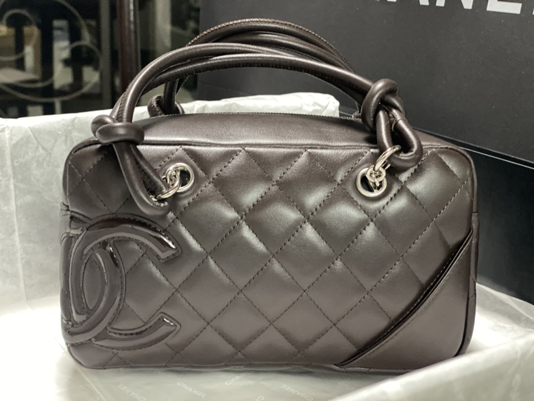 Cambon Mini Quilted Lambskin Boston Bag in Dark Brown (Silver Hardware) - Mocuir
