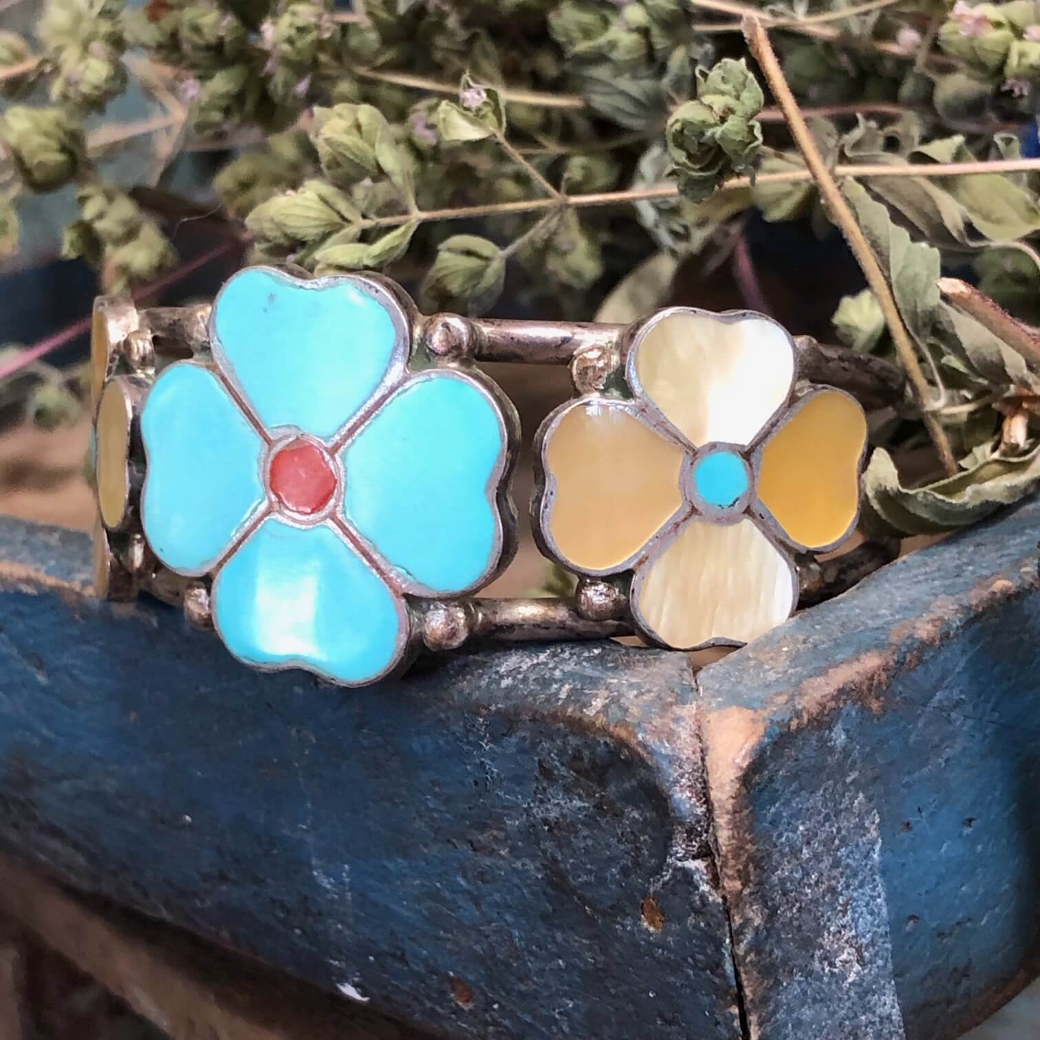 Zuni Triple Flower Turquoise Bracelet Sterling Silver