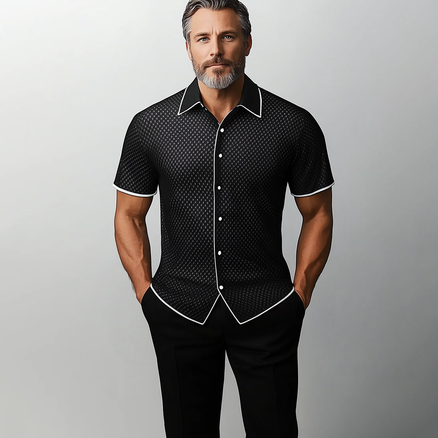 Men's Turndown Collar Button Short Sleeve Contrast Binding Crochet Shirt