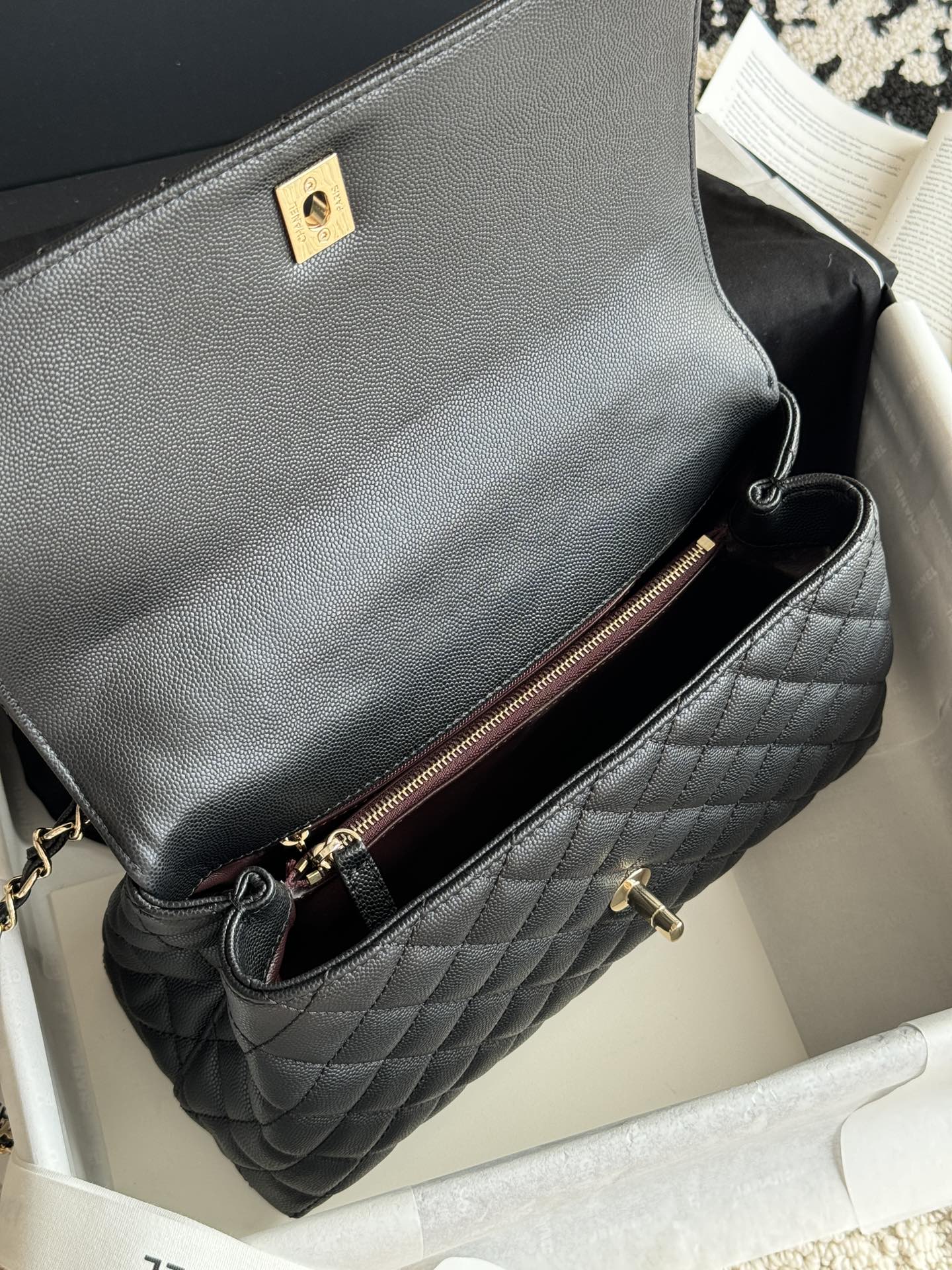 Small Coco Handle Flap Bag in Black Quilted Caviar Leather with Burgundy Lizard Handle and Light Gold-Tone Hardware - Mocuir