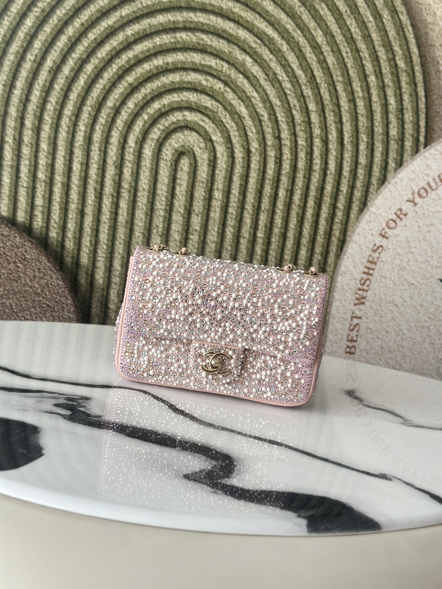 24C25C Small Classic Flap Bag in Sakura Pink Crystal & Pearl Embellished Lambskin with Light Gold-Tone Hardware - Mocuir