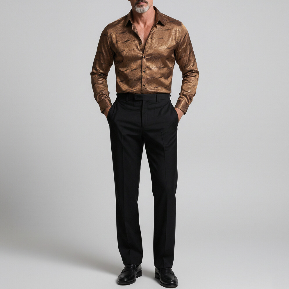 Men's Fashion Textured Shiny Satin Shirt Collar Single Breasted Long Sleeve Shirts