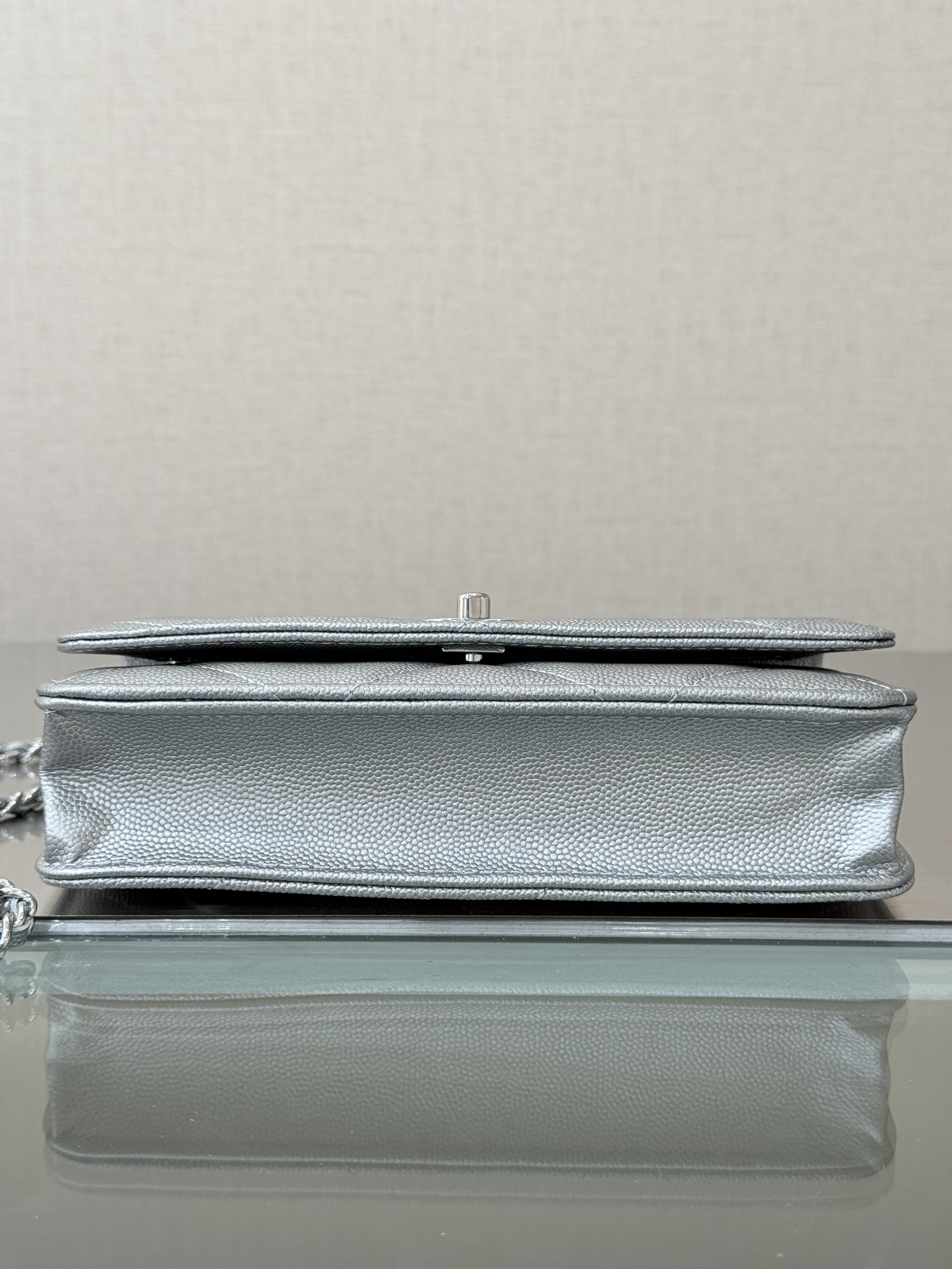 Wallet on Chain with Top Handle (AP3984) in Silver Caviar Leather with Silver-Tone Hardware, 25C Cruise Collection - Mocuir