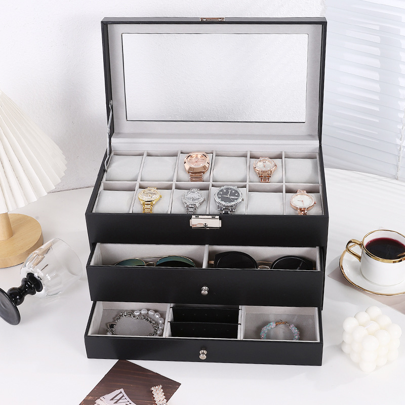 Black Leather Large Capacity Jewelry Box Three-Layer Watch Glasses Jewelry Storage Box Ring Earrings Display Storage Box