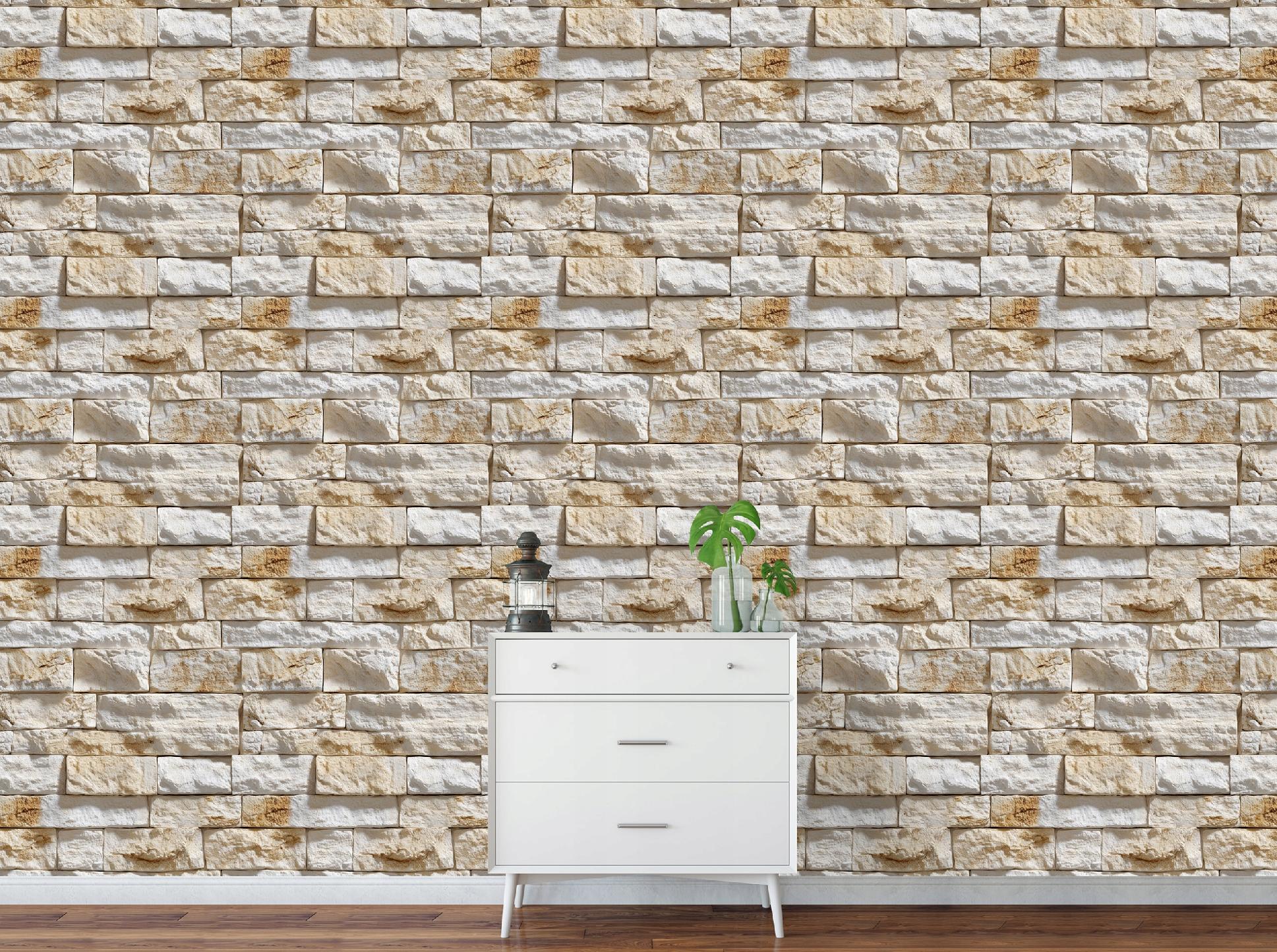 Beige brick-patterned textured wallpaper on non-woven backing for living room and bedroom walls