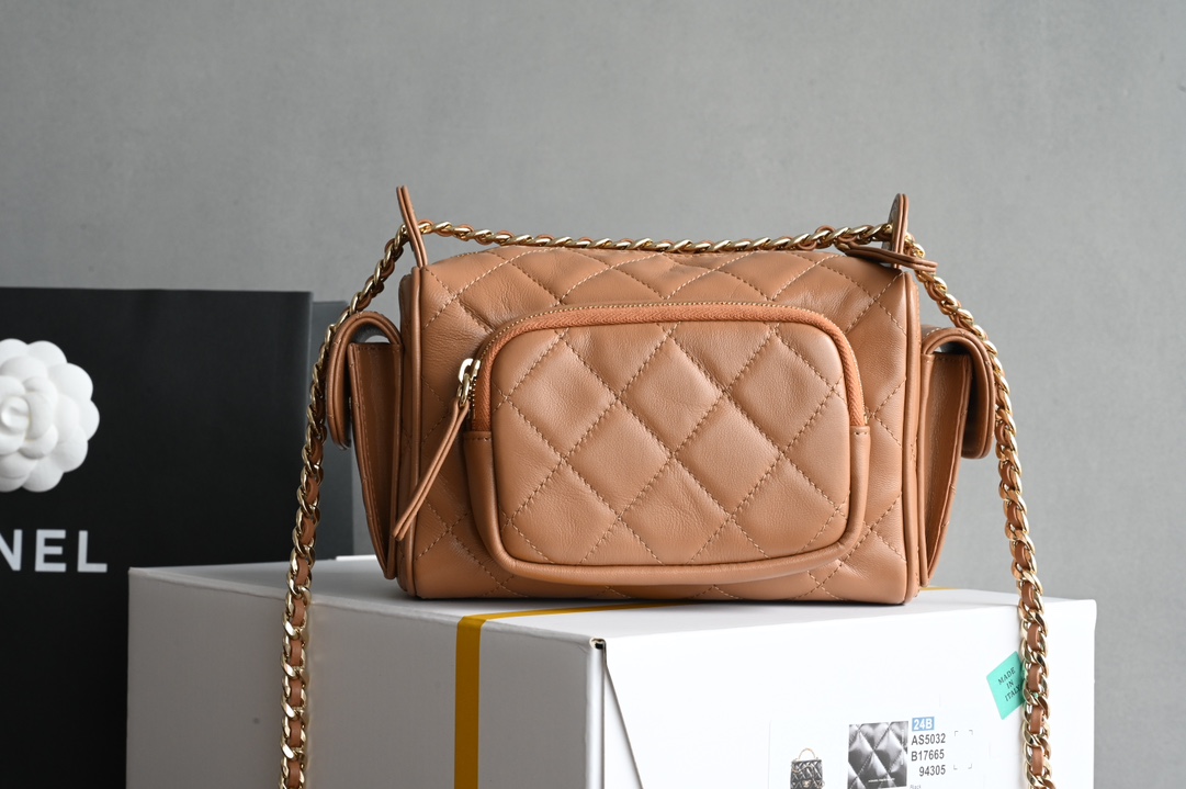 24K Camera Bag in Caramel Quilted Lambskin with Light Gold-Tone Hardware (Model AS5156) - Mocuir