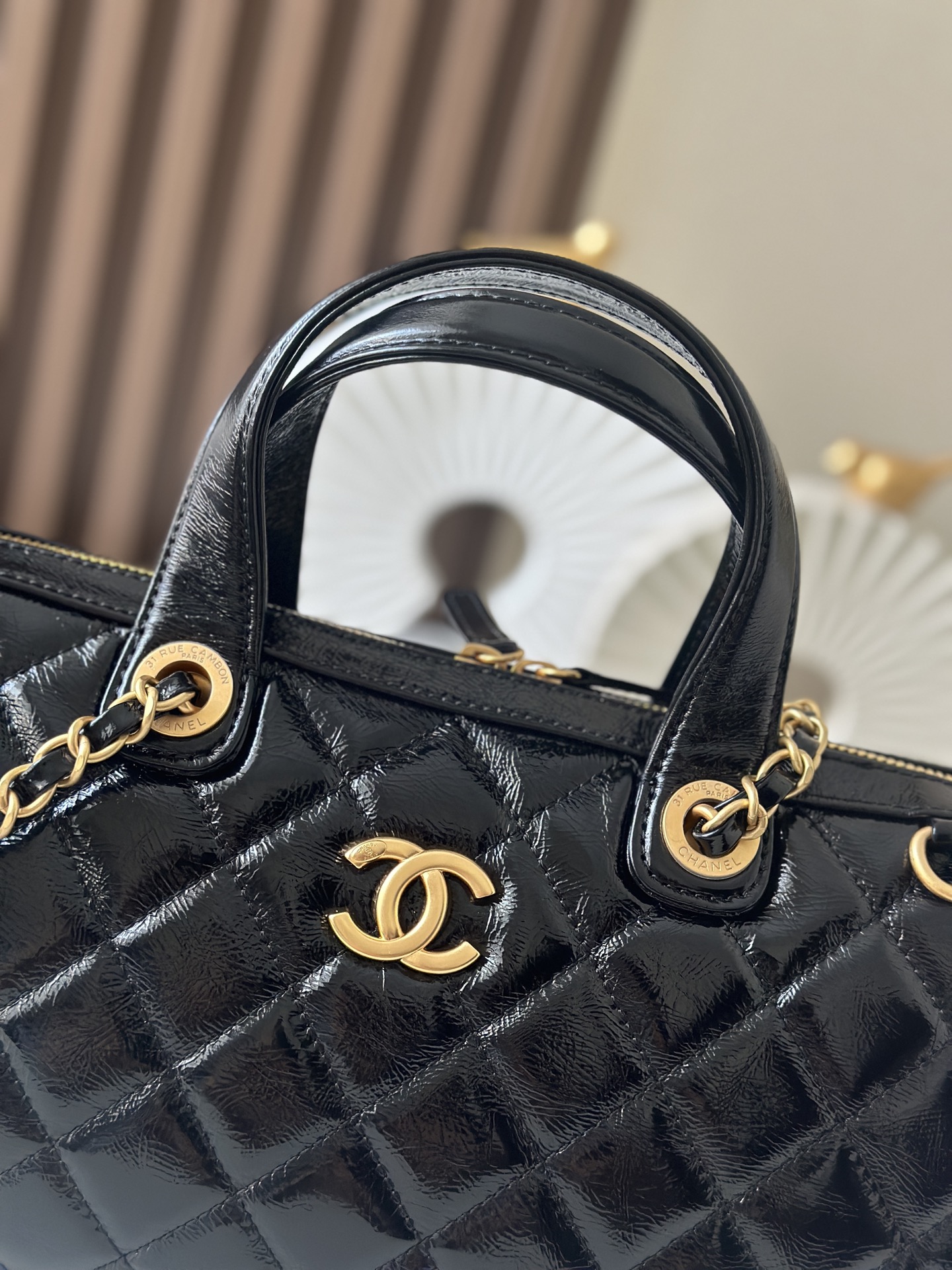 25A Small Bowling Bag in Black Quilted Crinkled Patent Calfskin with Gold-Tone Hardware - Mocuir