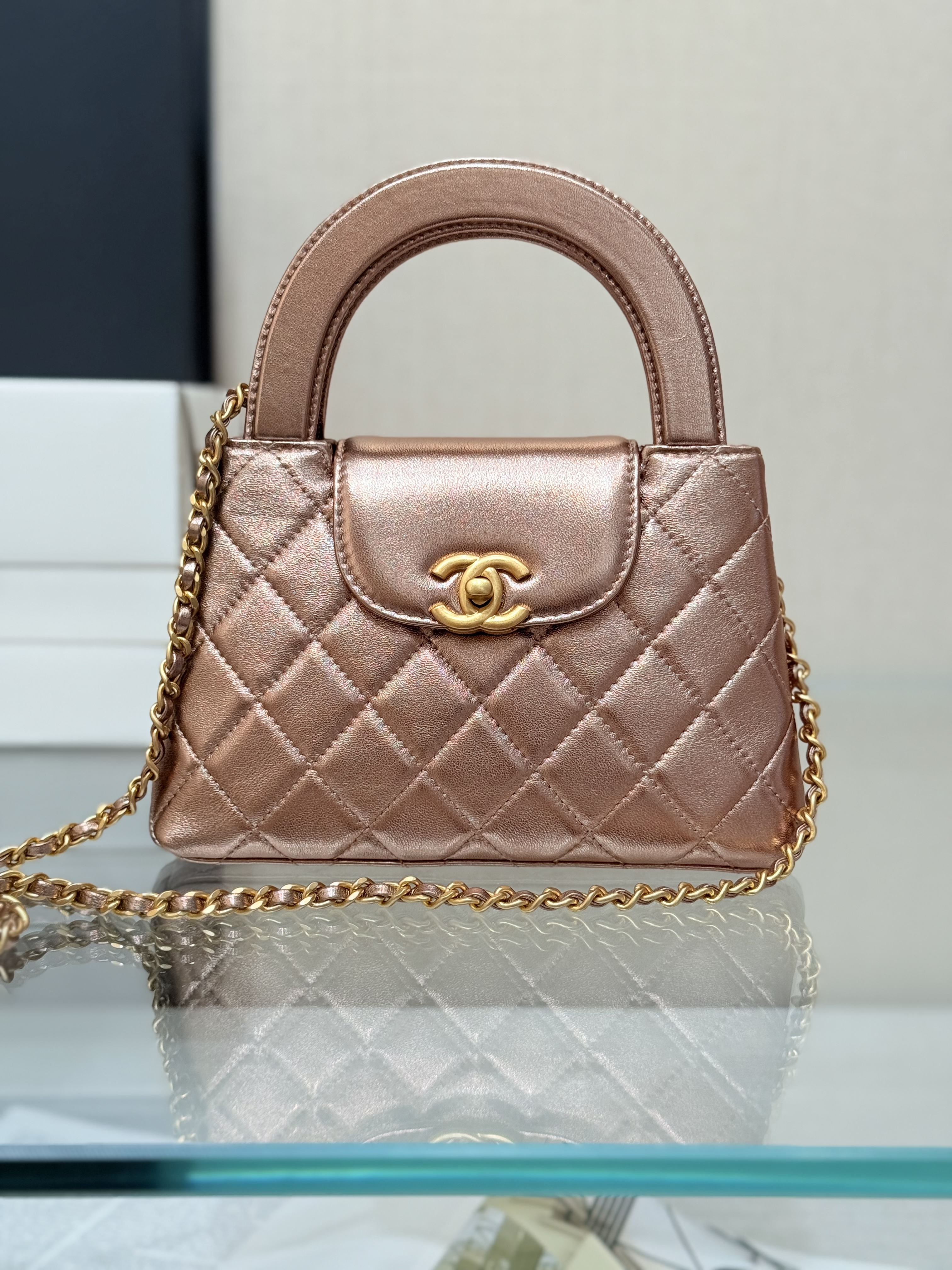 Mini Kelly Bag with Handle（Metallic Rose Gold ） - Mocuir