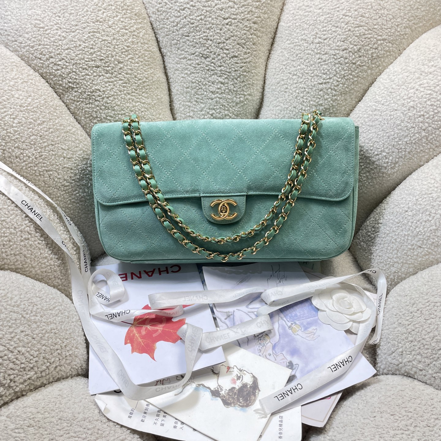 Spring-Summer 2026 Mint Green Quilted Suede Calfskin Classic Flap Handbag with Gold-Tone Hardware - Mocuir
