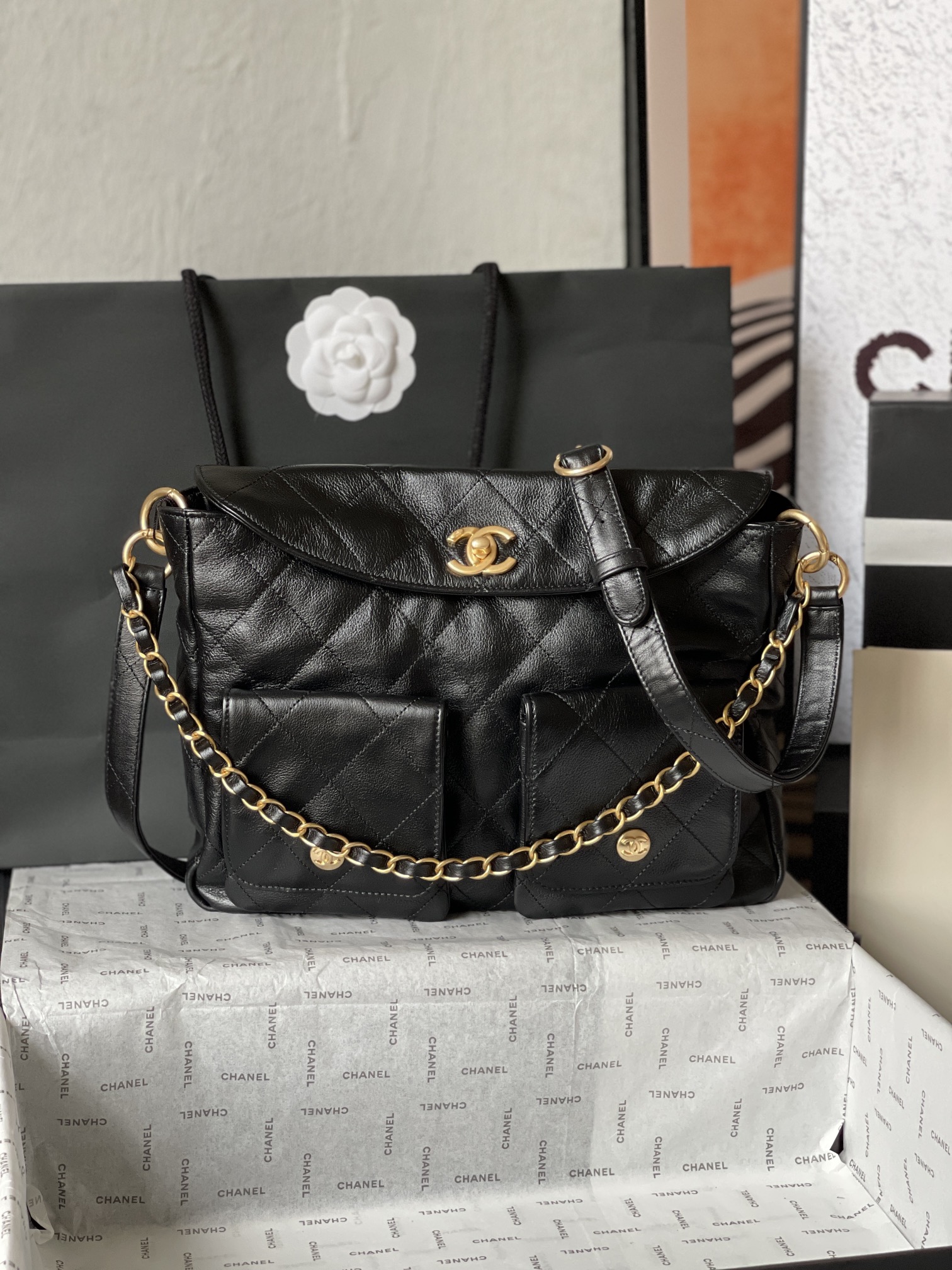 Large Hobo Bag (AS4668) in Black Shiny Calfskin with Gold-Tone Hardware, 24P Pre-Fall Collection - Mocuir