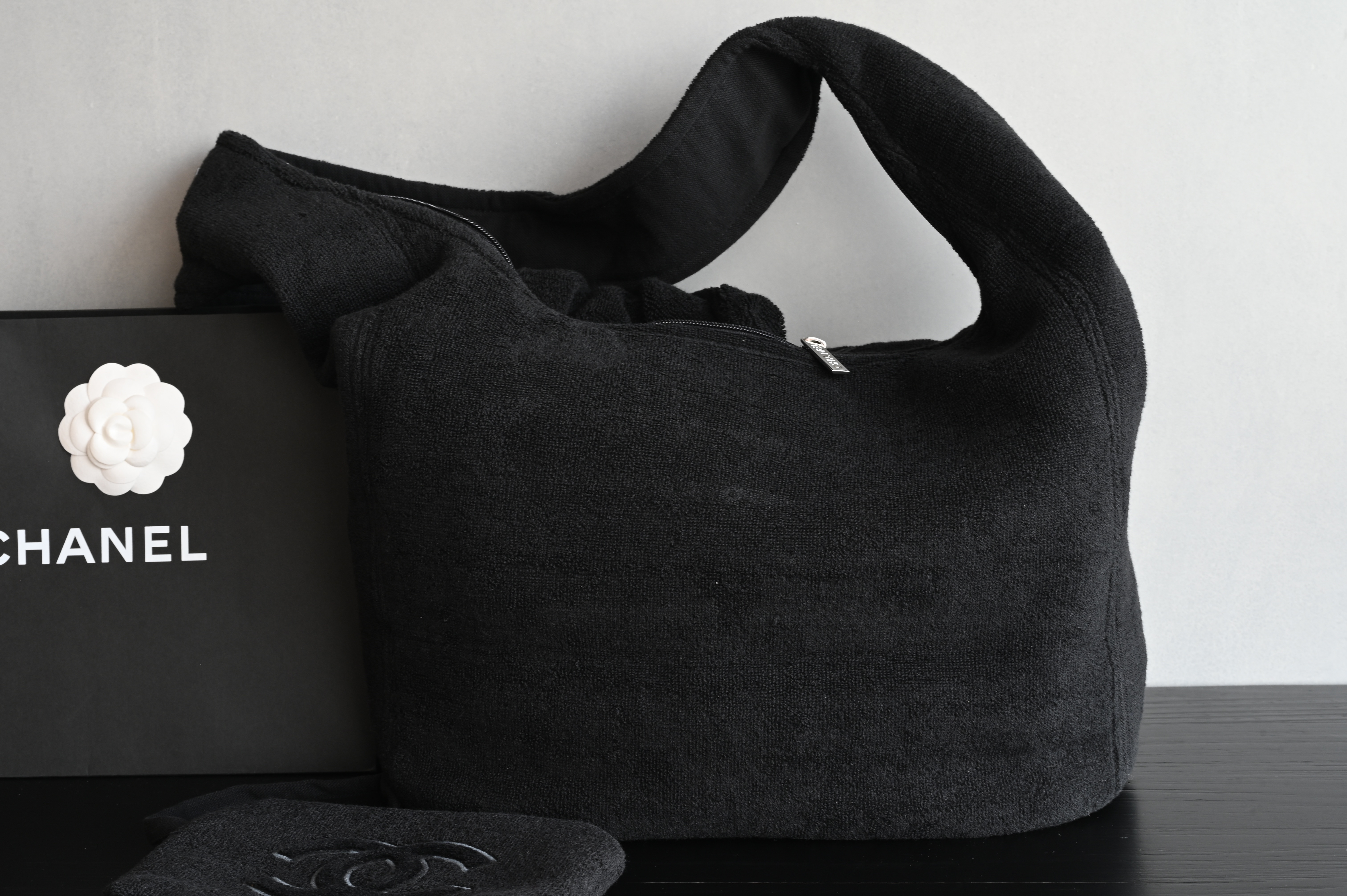 Coco Beach Hobo Tote Bag with Pouch in Black Terry Cotton (Model A82901) - Mocuir