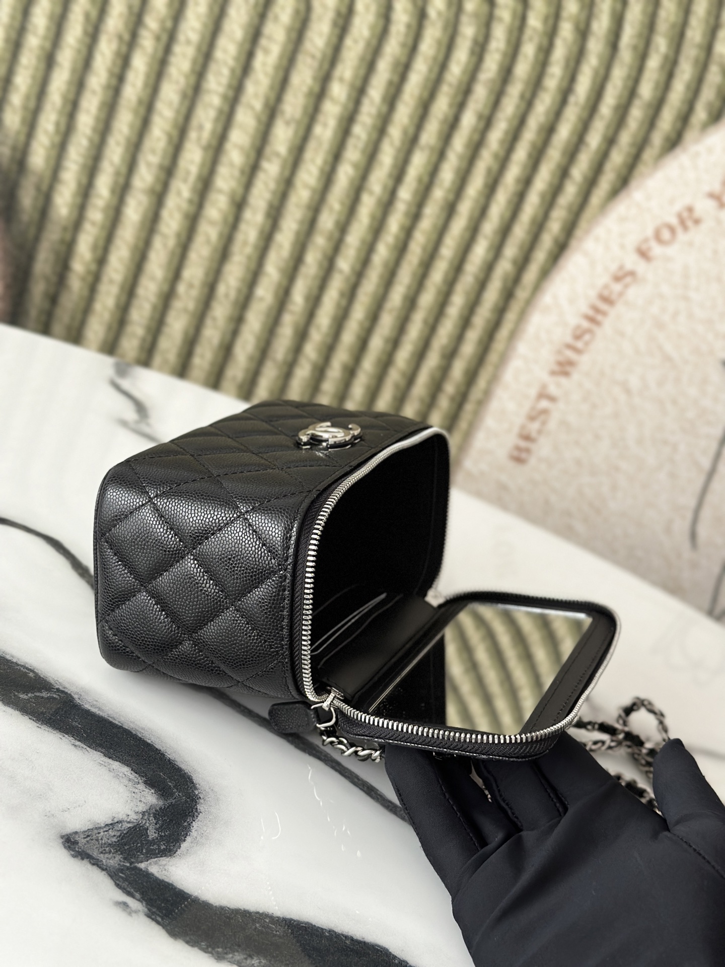 Black Caviar Quilted Vanity Case with Silver Metal Handle & Silver Hardware - Mocuir