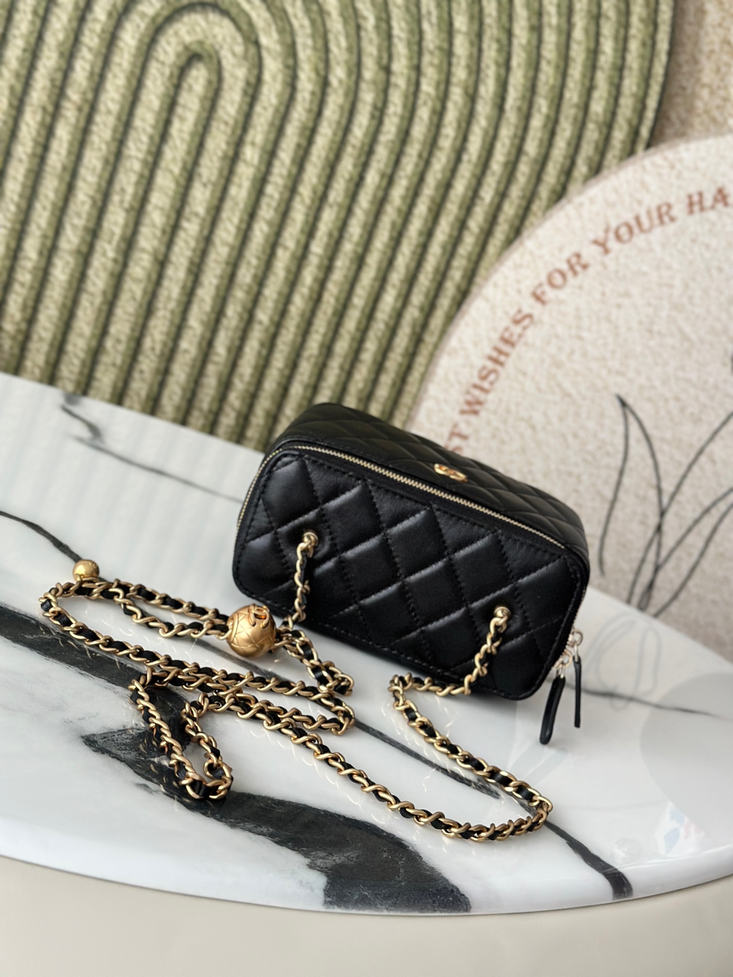 Mini Rectangular Vanity Case with Adjustable Ball Chain in Black Quilted Lambskin with Gold-Tone Hardware - Mocuir