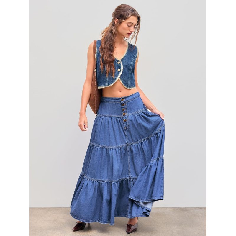 Women's Long Jean Denim Tiered Button