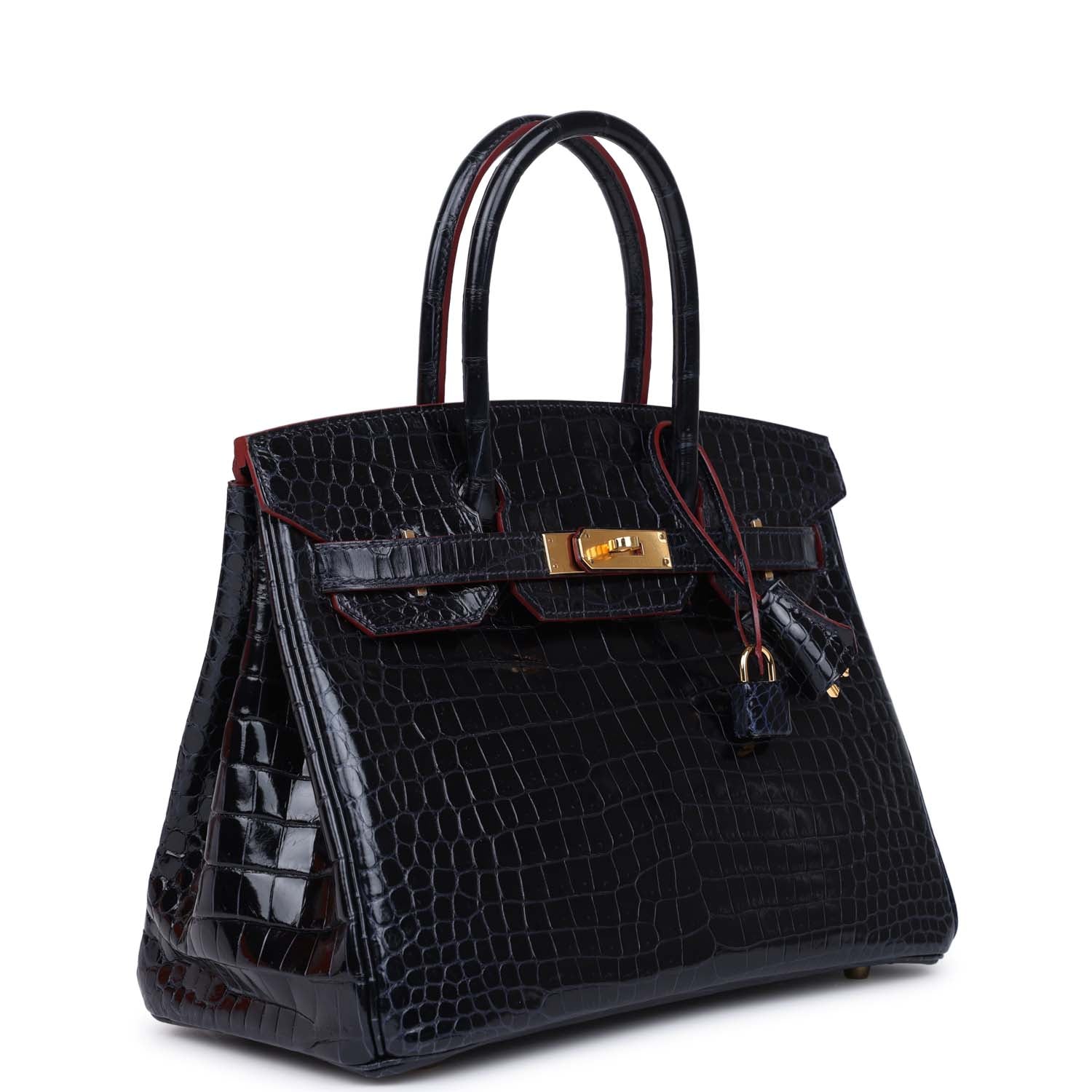 Birkin 30 Bleu Marine and Rouge H Contour Shiny Porosus Crocodile Gold Hardware