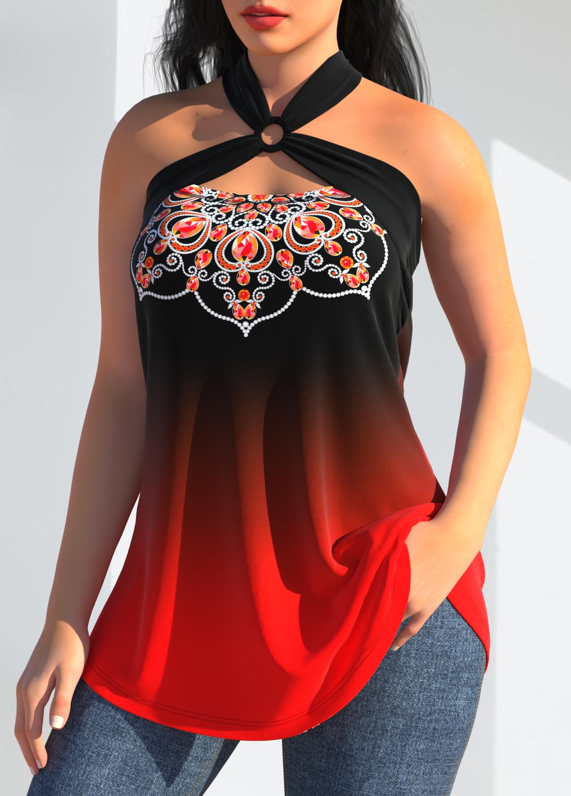 Tribal Print Ring Detail Red Tank Top