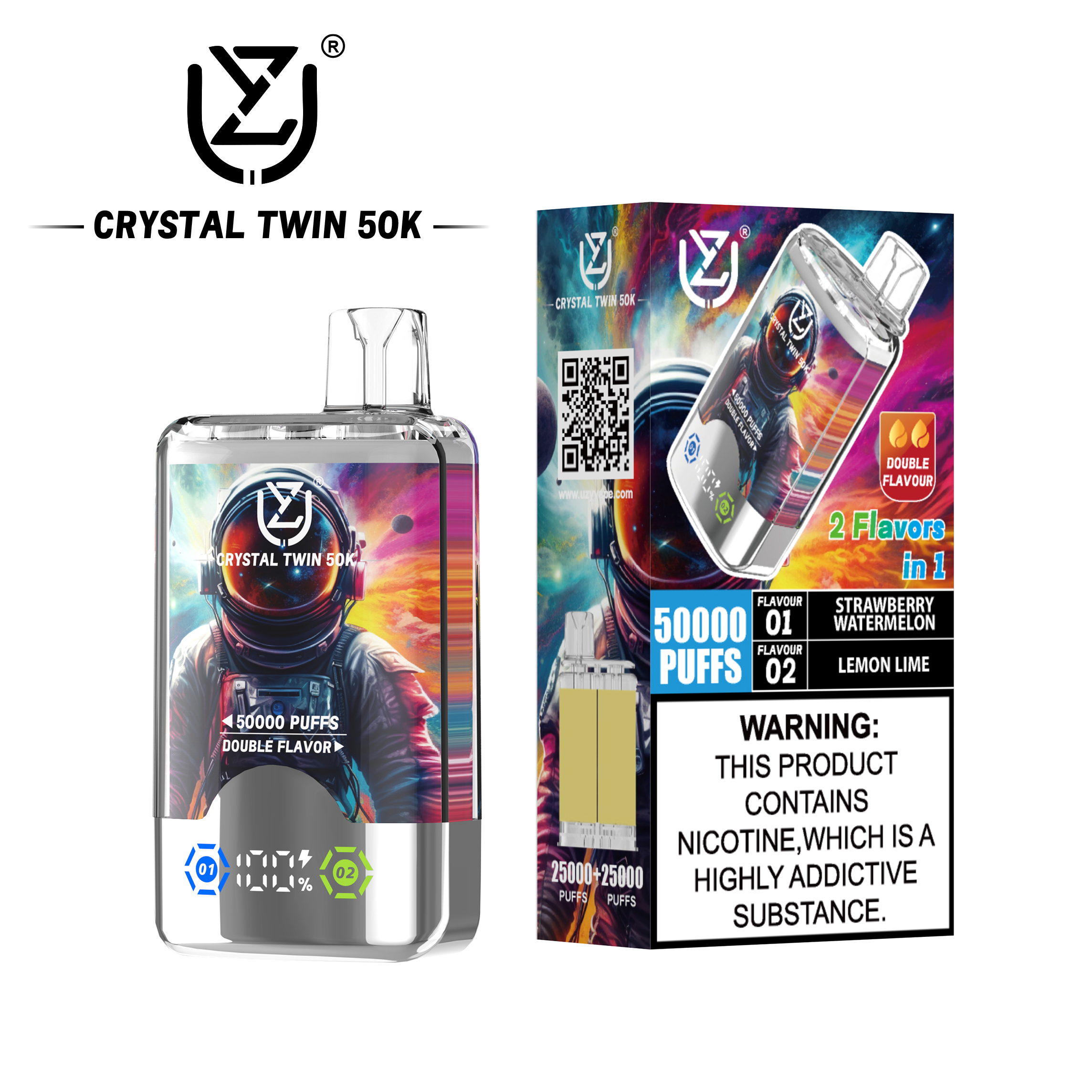 （3 pieces）UZY Crystal Twin 50000 50k Puffs Double Taste LED Display Disposable Vape