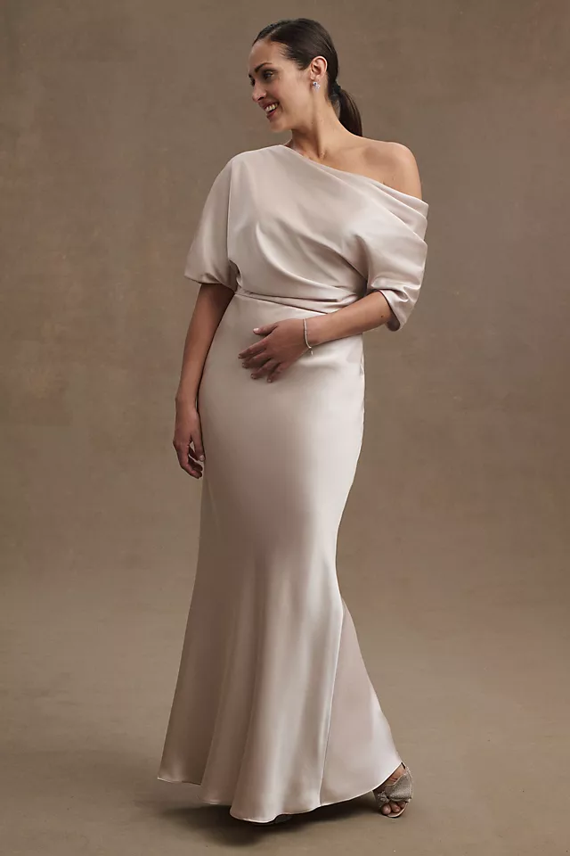 Sophisticated Off-Shoulder Satin Column Gown NEUTRAL