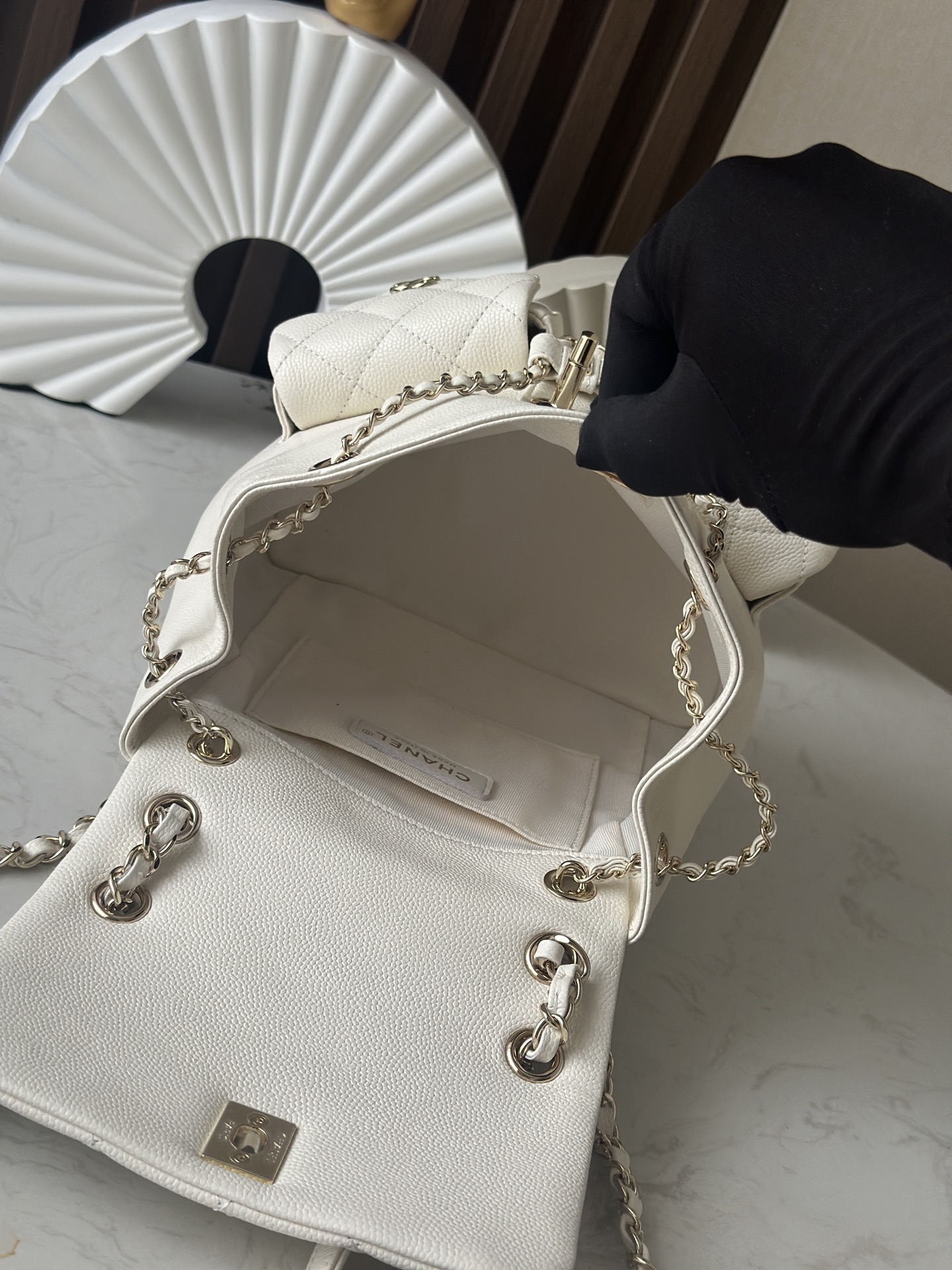 Classic Quilted Caviar Duma Backpack in White (Gold Hardware) - Mocuir