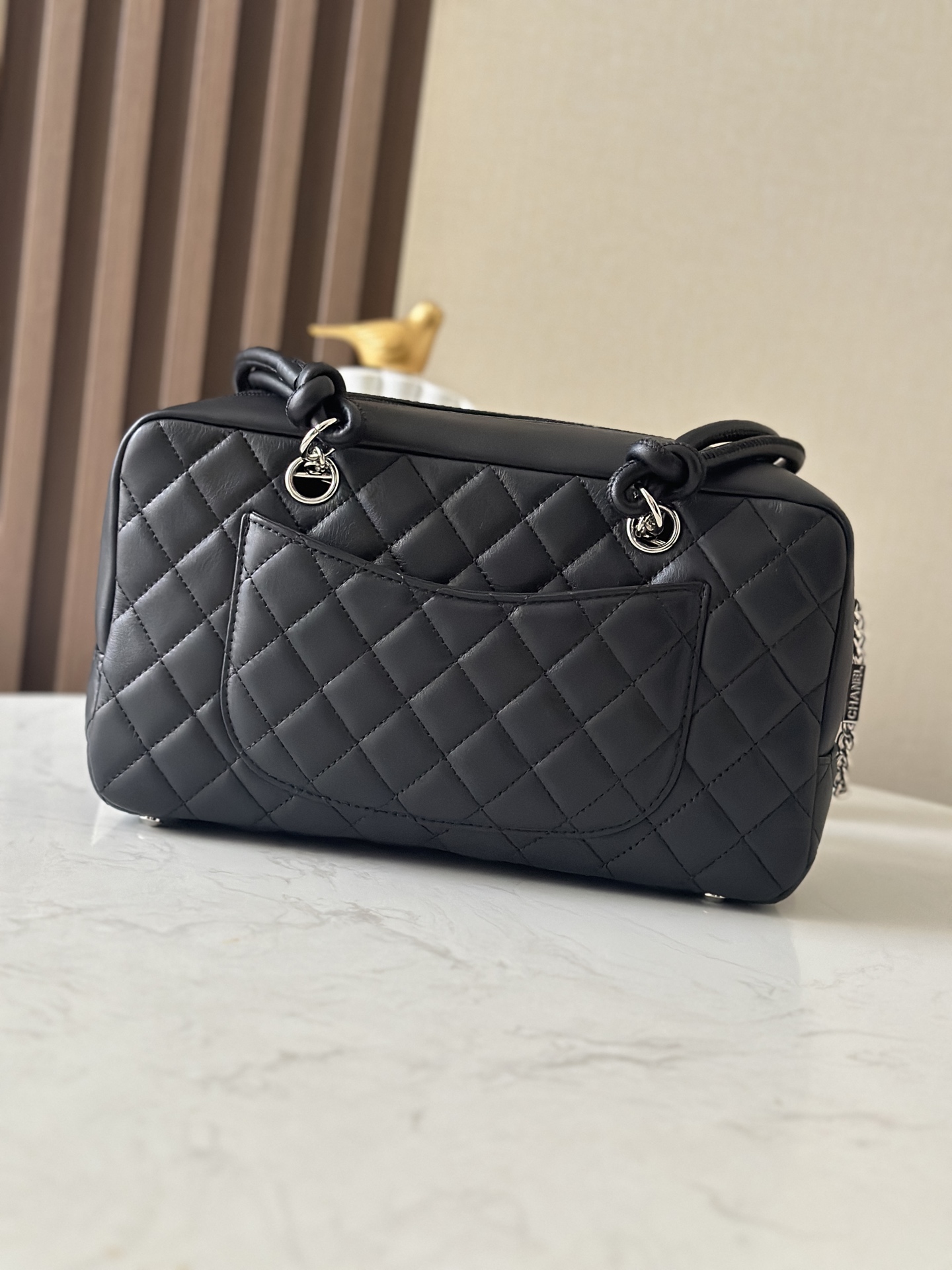 Black Quilted Cambon Bowling Bag with Silver Hardware - Mocuir